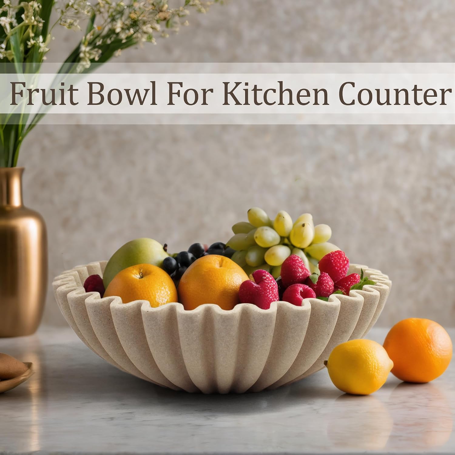 Ruffle Decorative Bowl  Large Fruit Bowl for Kitchen Counter  Stylish Key Bowl for Entry Table  Handcrafted Home Decor Display bowl  Artificial Stone Beige