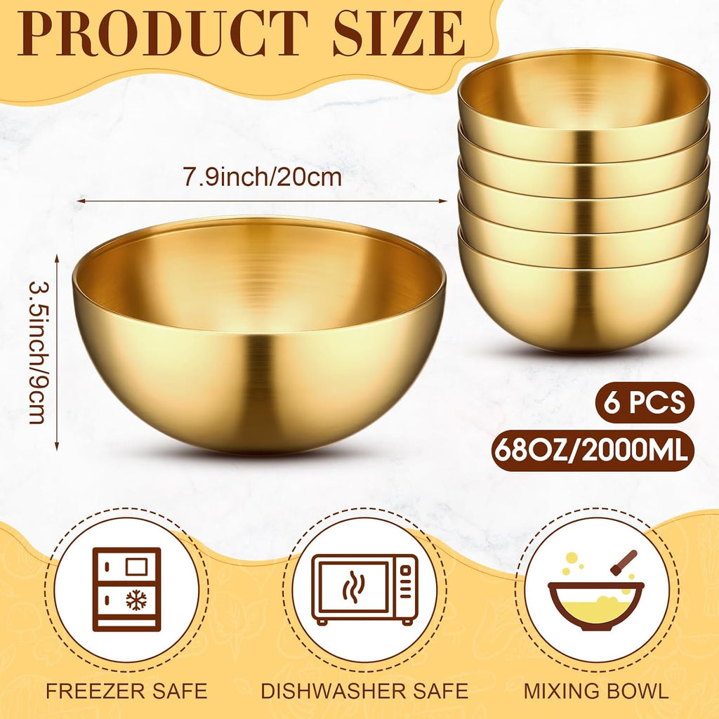 Nuogo 6 Pcs Gold Mixing Bowls Stainless Steel Mixing Bowl Decorative Gold Esthetician Bowls Metal Serving Bowl for Facial Cereal Rice Noddle Fruit Kitchen Party Cooking Baking Prepping(7.9 Inches)