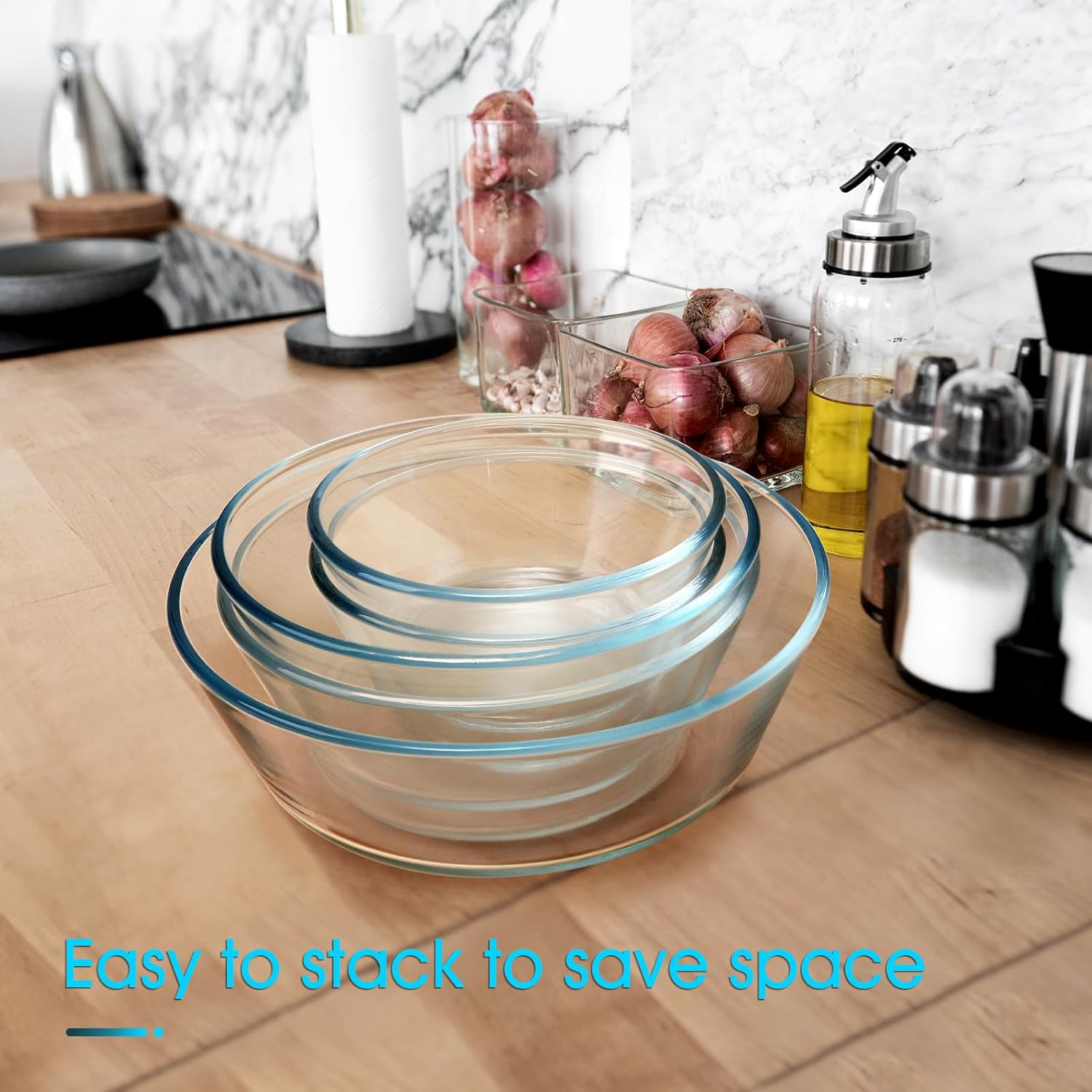 NUTRIUPS 44oz Flat Bottom Tempered Glass Bowl  8in Clear Glass Bowl for Kitchen  Small Glass Salad Bowls  Microwave and Oven Safe