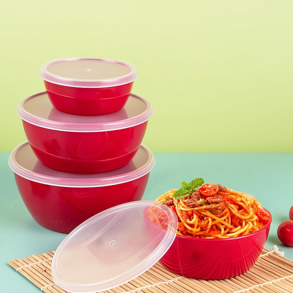 4-Piece Classic Plastic Prep Bowls with Lids  Nesting Plastic Small Mixing Bowl Set for Mixing  Baking  Prepping  Cooking and Serving Food  Microwave and Dishwasher Safe (Red)
