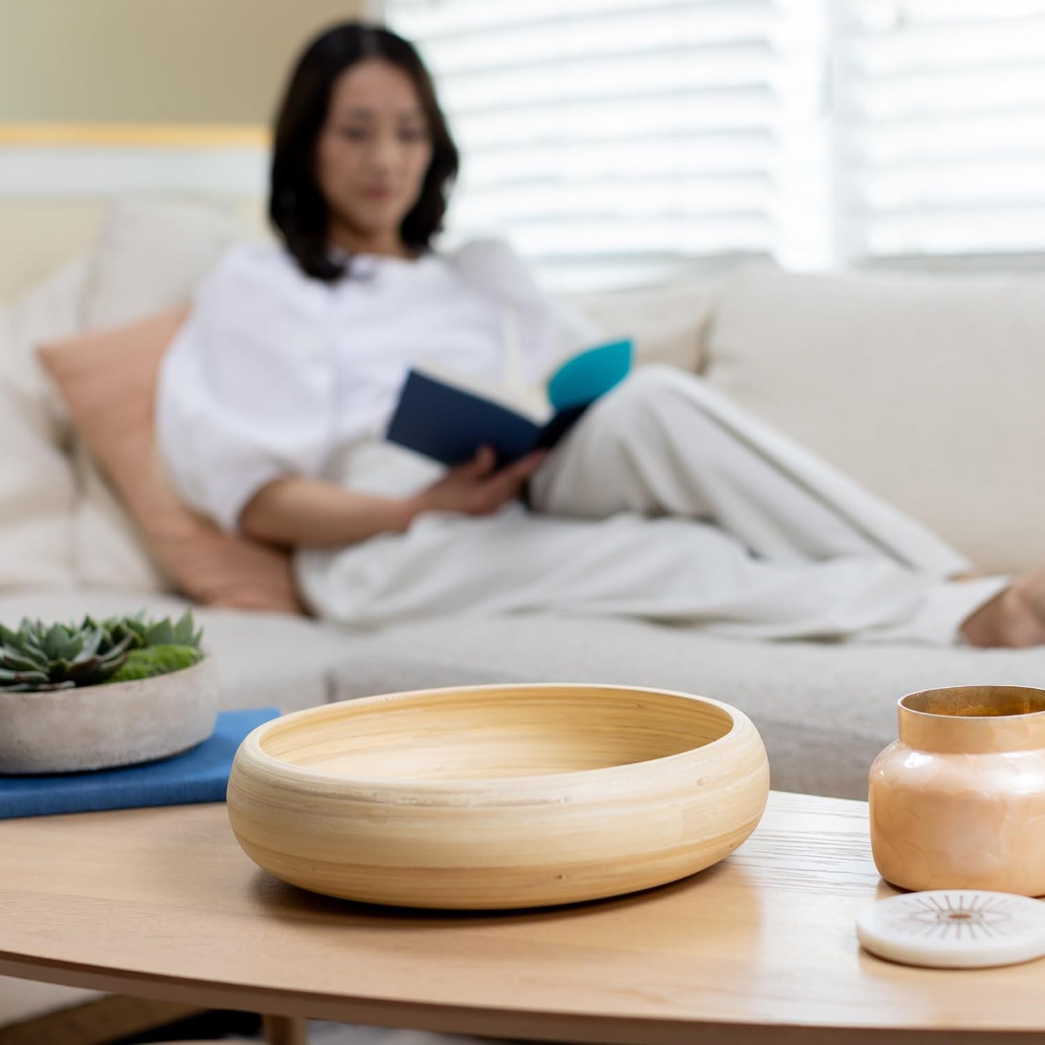 LEXA 12" Handmade Natural Bamboo Wooden Fruit Bowl for Kitchen Counter - 130 oz Lightweight Large Bamboo Wood Salad Bowl