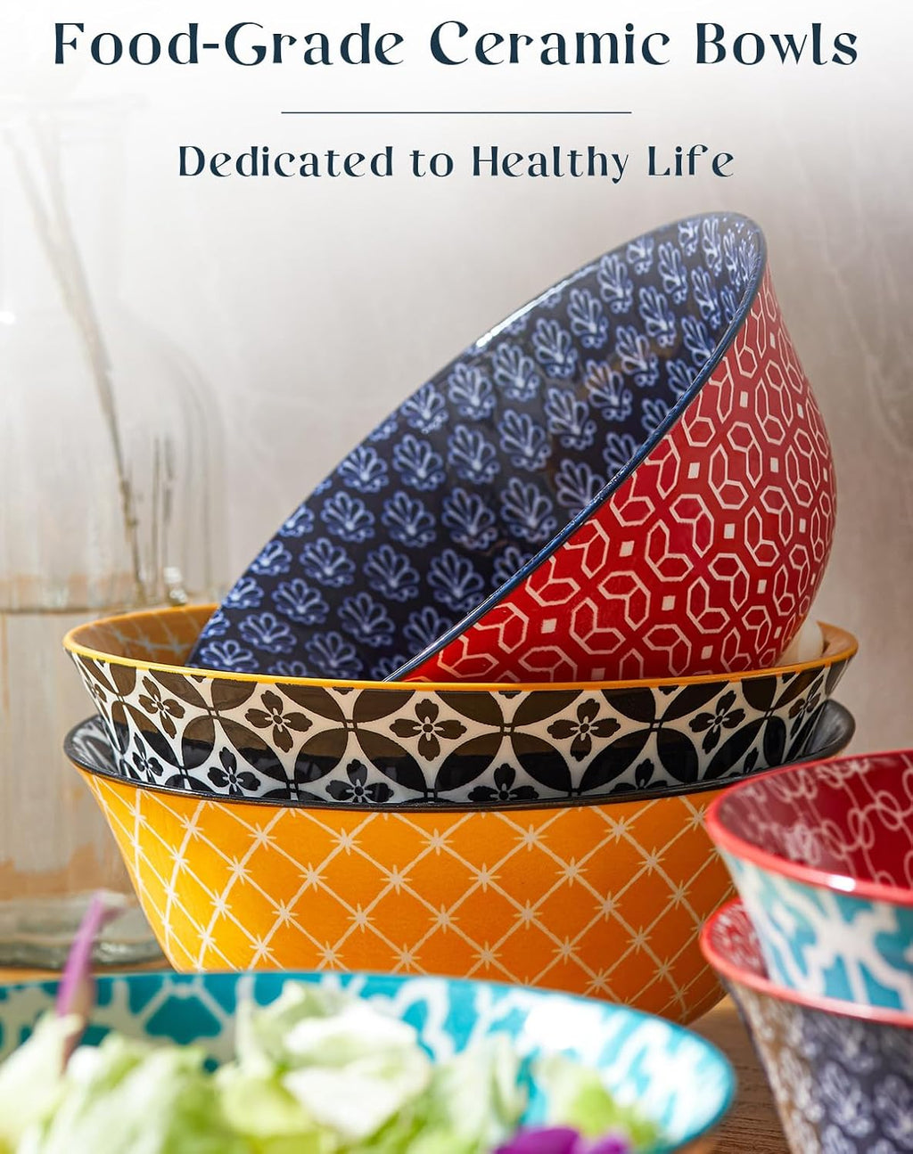 DOWAN Mosaian 33 OZ Large Bowl Set of 6 - Ceramic Deep Bowls for Ramen  Pasta  Salad - Vibrant Patterned Porcelain Bowls for Kitchen Decor & Housewarming Gift - Dishwasher & Microwave Safe