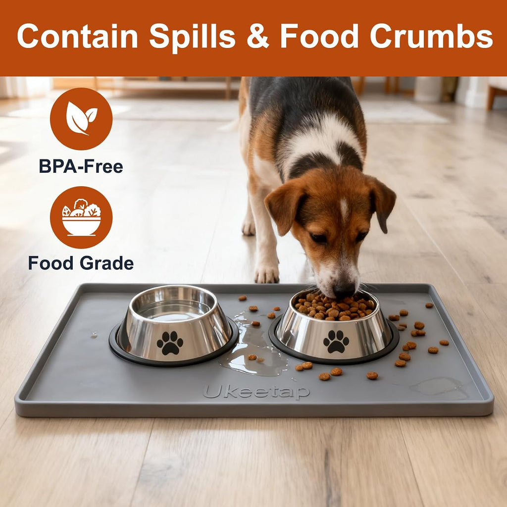 19” x 12” Extra Thick Waterproof Silicone Mat with Raised Edge  BPA Free Non-Slip Dog & Cat Food Mat  Feeding Mat for Food and Water Bowls  Spill Proof Mat to Protect Floors  Gray