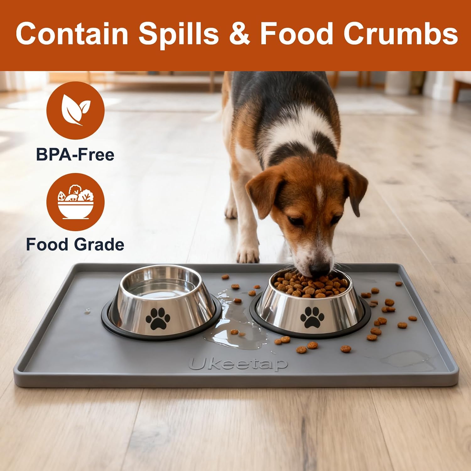19” x 12” Extra Thick Waterproof Silicone Mat with Raised Edge  BPA Free Non-Slip Dog & Cat Food Mat  Feeding Mat for Food and Water Bowls  Spill Proof Mat to Protect Floors  Gray