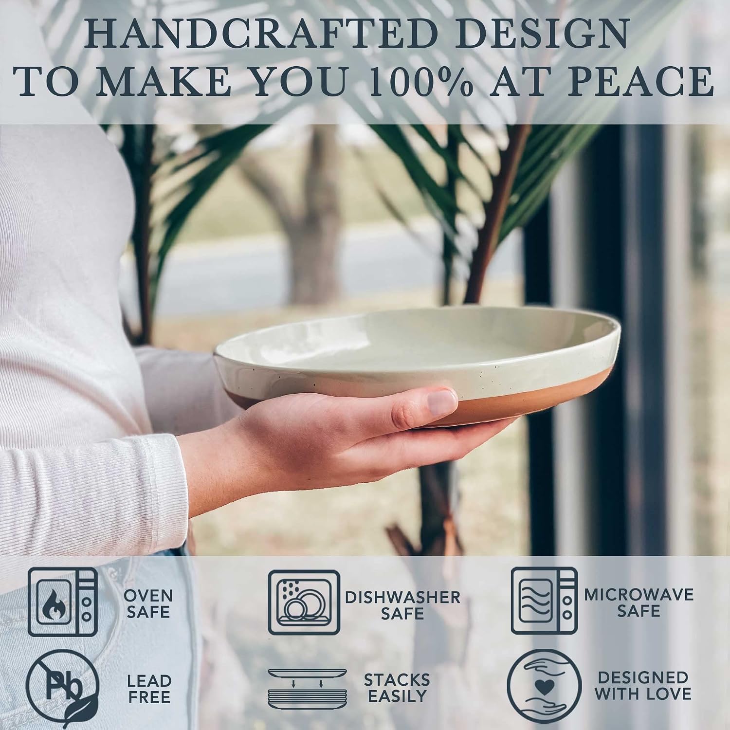 MORA Ceramic Flat Pasta Bowl Set of 4-35oz  Microwave Safe Plate with High Edge - Modern Porcelain Dinnerware for Kitchen and Eating  Large Wide Bowls/Plates for Serving Dinner  Salad  etc- Neutrals