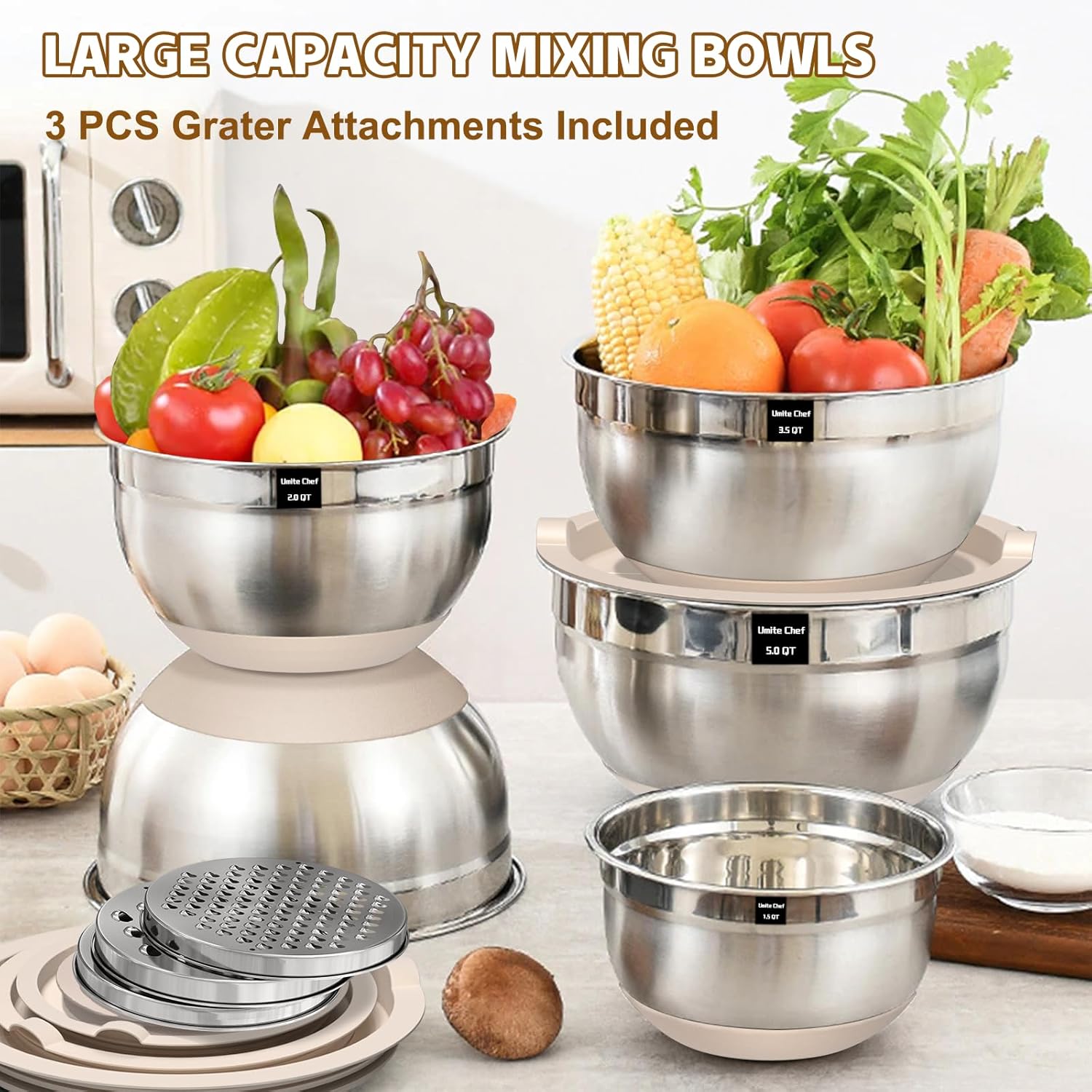 Umite Chef Mixing Bowls with Airtight Lids Set  8PCS Stainless Steel Khaki Nesting Bowls with Grater Attachments  Kitchen Bowls with Non-Slip Bottoms  Size 5  4  3.5  2  1.5QT for Mixing & Serving