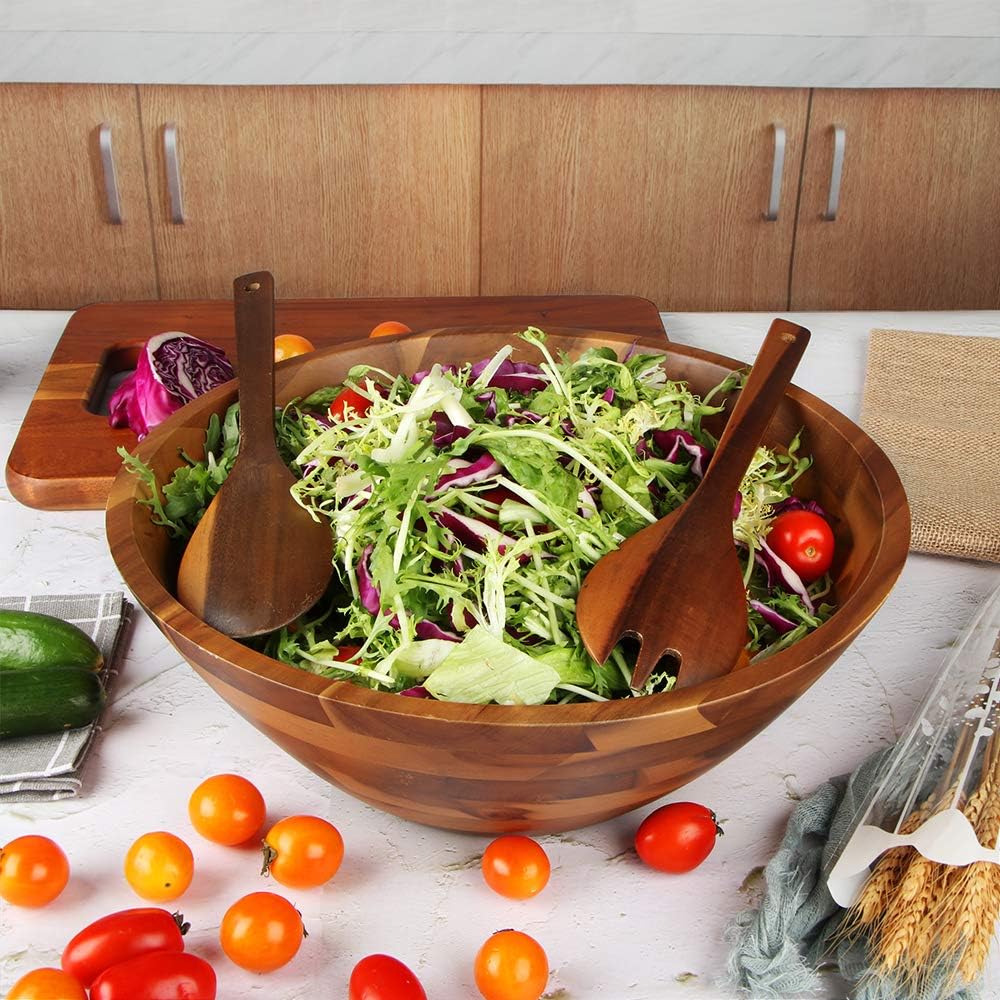 AIDEA Salad Bowls  Wooden Salad Bowls Set  Large Acacia Wood Serving Bowl for Fruits  Salad  12.5" Big Salad Bowl with Serving Utensils