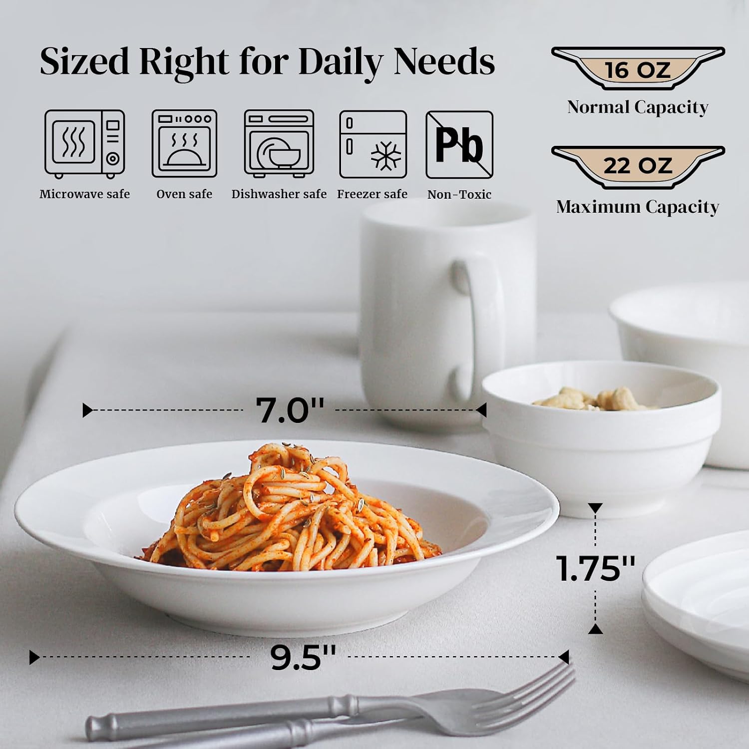 DOWAN Soup and Pasta Bowls Set of 4  White Porcelain Wide Rim Salad Plates  20 Ounces  Microwave & Dishwasher Safe