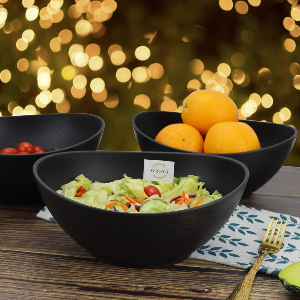 Wrova 65oz Big Wheat Straw Bowls - Large Salad Bowls set of 6 - Unbreakable Serving Bowls - Microwave & Dishwasher Safe - Oval Bowls for Cereal Salad Fruit - Pure Black