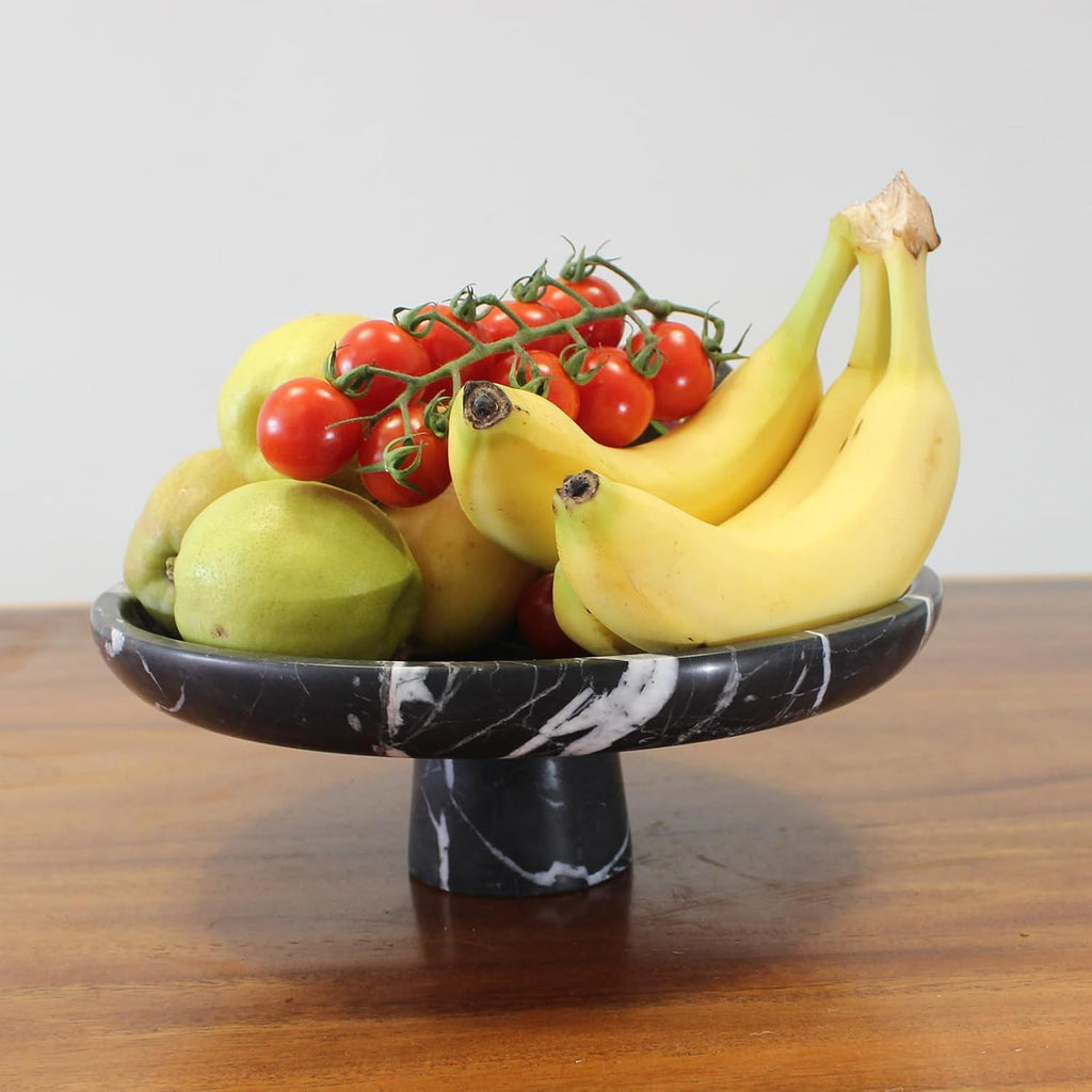 Natural Black Marble Fruit Bowl for Kitchen Counter 10.2"  Large Decorative Bowl Pedestal for Home Decor  Fruits Holder For Dining Table - Kitchen Organization