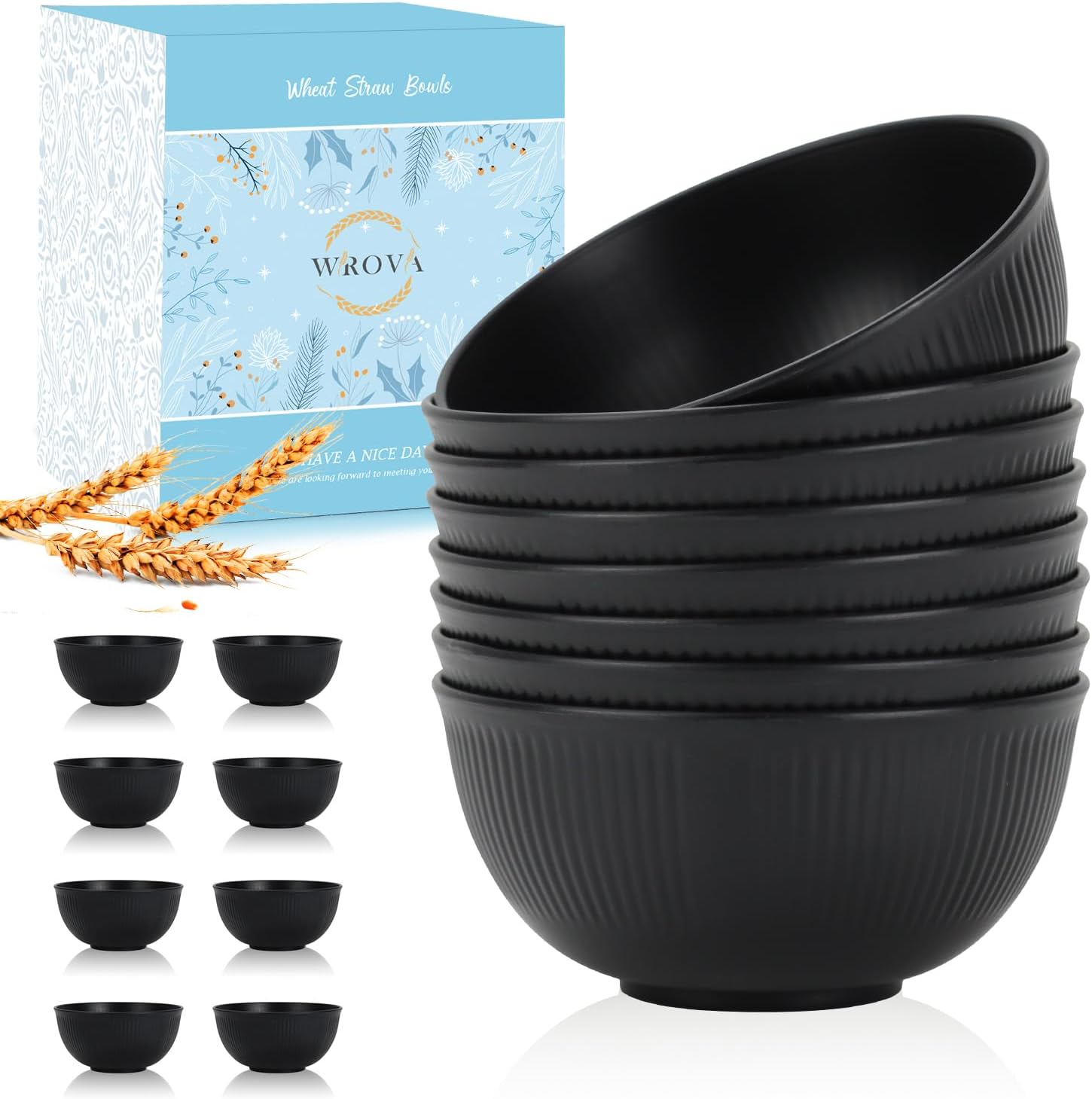 Wrova Wheat Straw Bowl Sets of 8 Unbreakable Cereal Bowl 26 OZ Microwave and Dishwasher Safe Bowls Salad Bowl suitable for Cereal Salad Snack and Soup. Winter-Pure Black