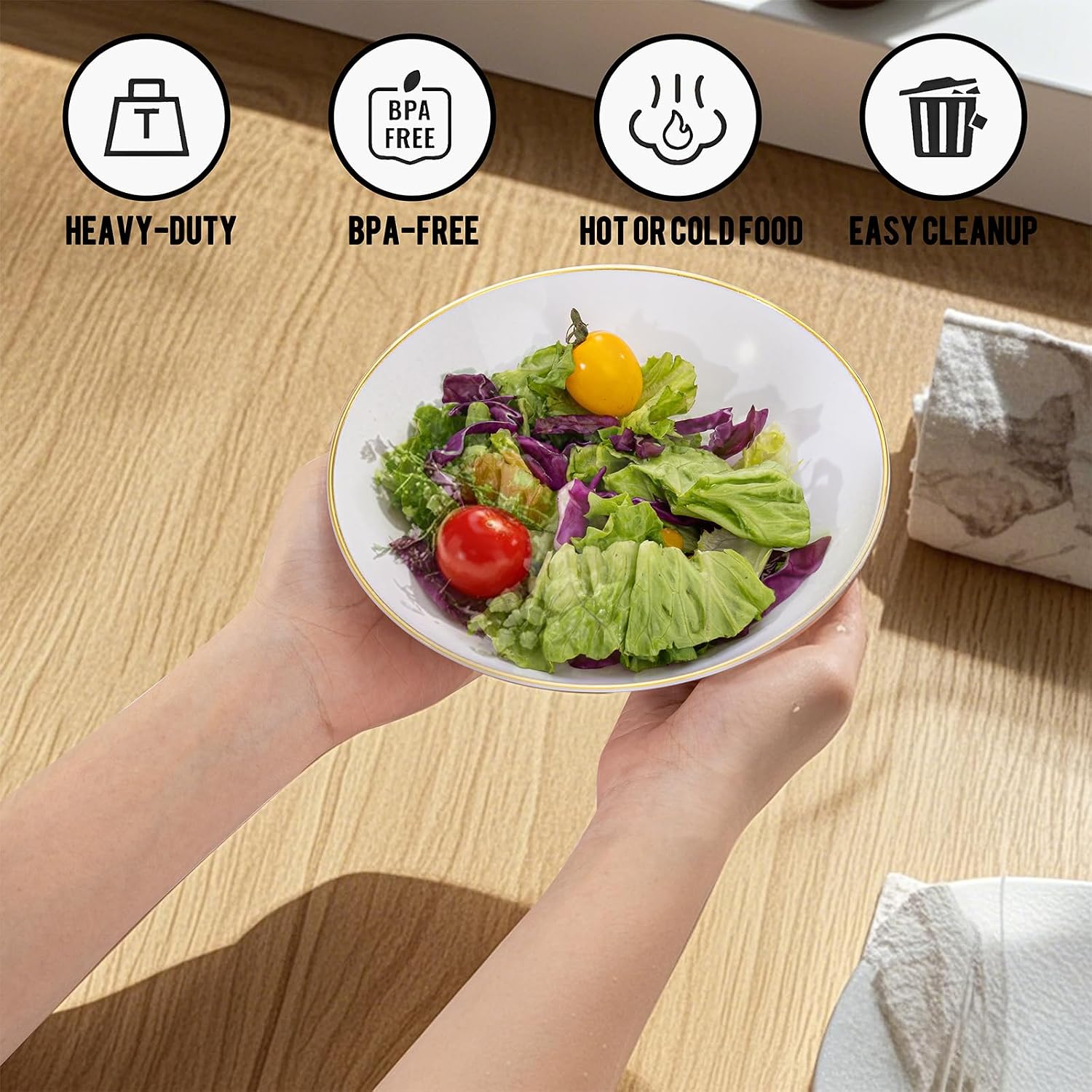 I00000 16 Oz 50 Count White Disposable Soup Bowls with Gold Rim  Plastic Bowls Disposable Premium Heavyweight Elegant Plastic Salad Bowl for Party