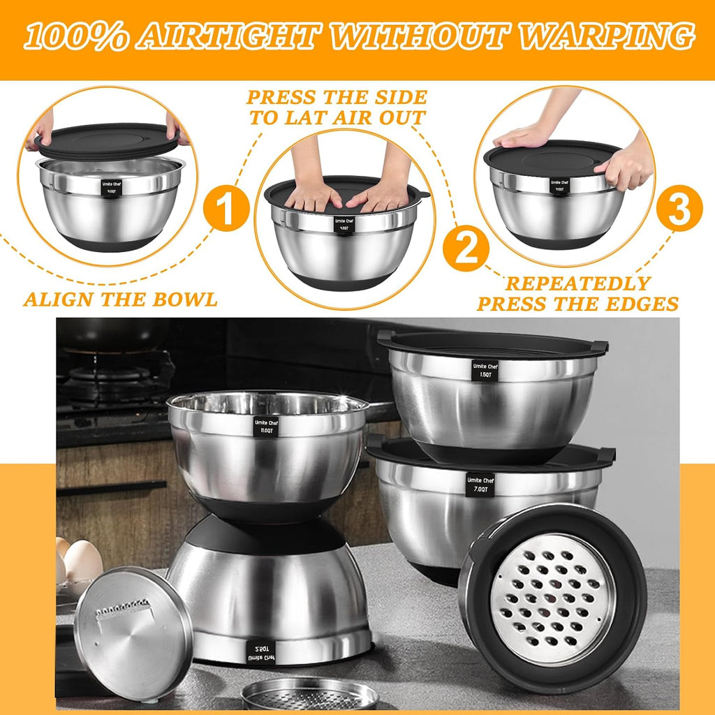 Umite Chef Mixing Bowls with Airtight Lids  26Pcs Stainless Steel Bowls Set  3 Grater Attachments & Black Non-Slip Bottoms Size 7  4  2.5  2.0 1.5  1QT  Great for Mixing & Serving