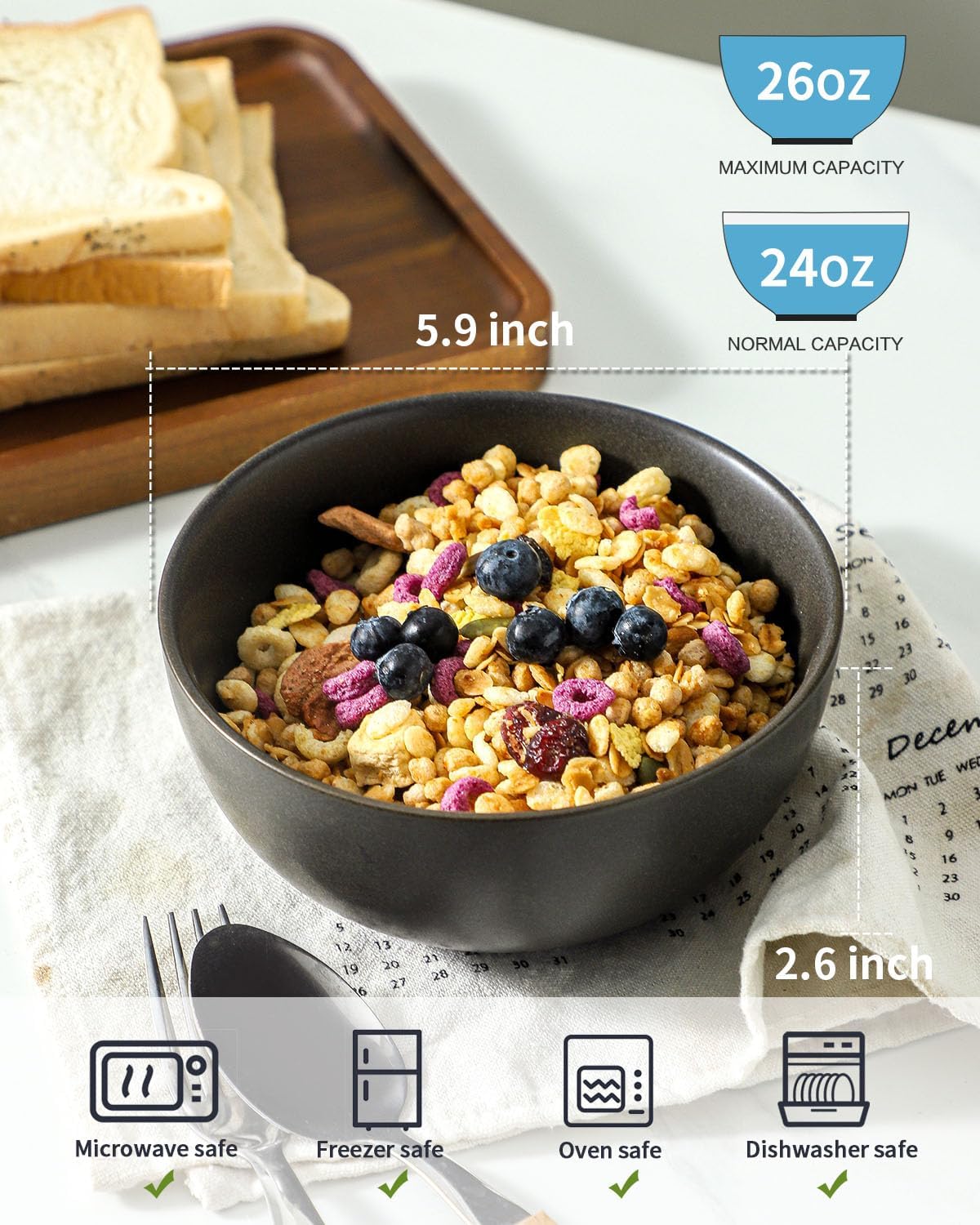 Cereal Bowls  24 oz Soup Bowls Set of 4  Ceramic Bowls Set for Salad  Fruit  Breakfast  Dessert  Stoneware Bowls for Kitchen  Dishwasher & Microwave Safe  Matte Black