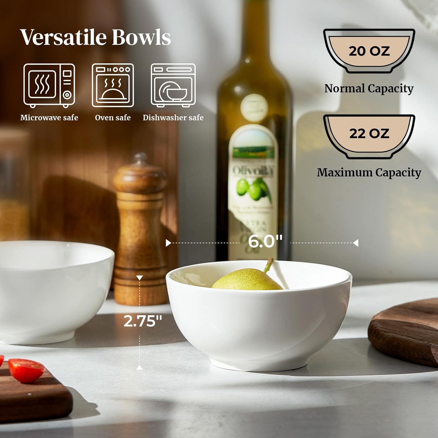 DOWAN 22 OZ White Ceramic Bowls Set of 4 - Perfect for Soup Bowls for Kitchen  Cereal Bowl  Ramen Bowl  Microwave Safe for Oatmeal  Fruit Salad and Rice Bowl - Dishwasher & Microwave Safe