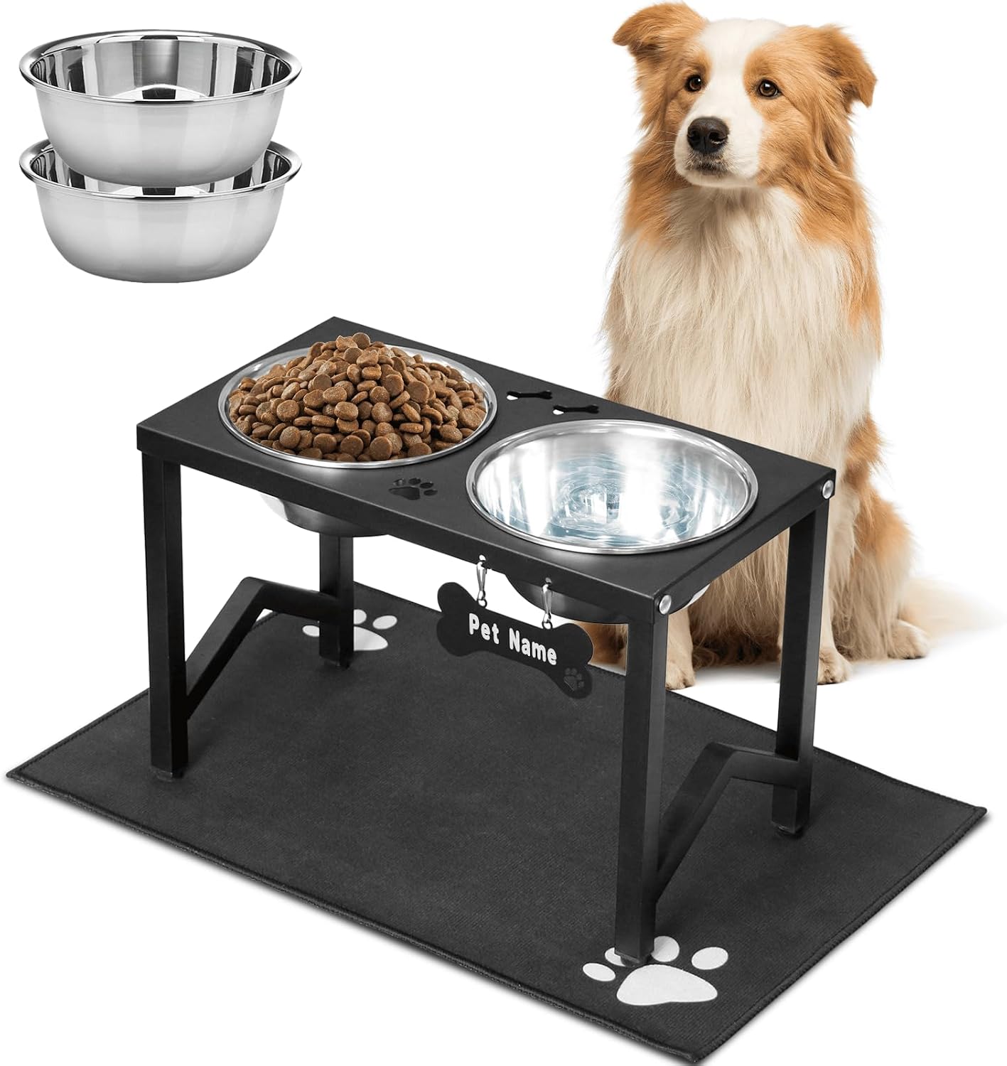 Elevated Dog Bowls  Metal Raised Dog Bowl Stand with 2 Thick 58oz Stainless Steel Food Bowls & Non-Slip Mat - 11.8" Tall for Medium/Large Breeds