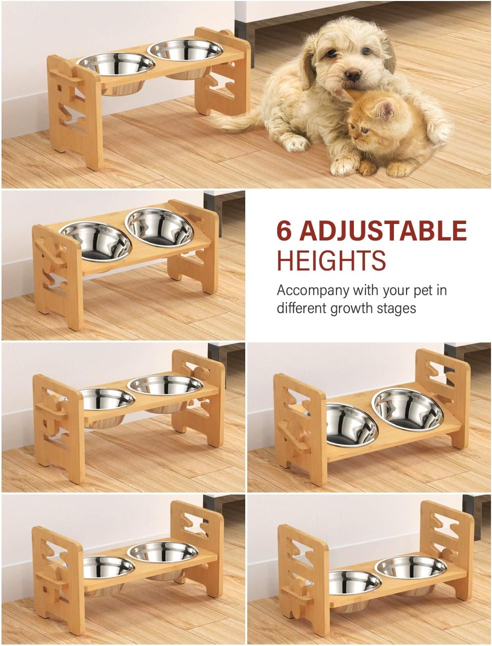 Vantic Elevated Dog Bowls  Adjustable Raised Dog Bowl Stand for Small Puppy and Cats  Sturdy Bamboo Pet Food Feeder with 2 Stainless Steel Dishes  Natural