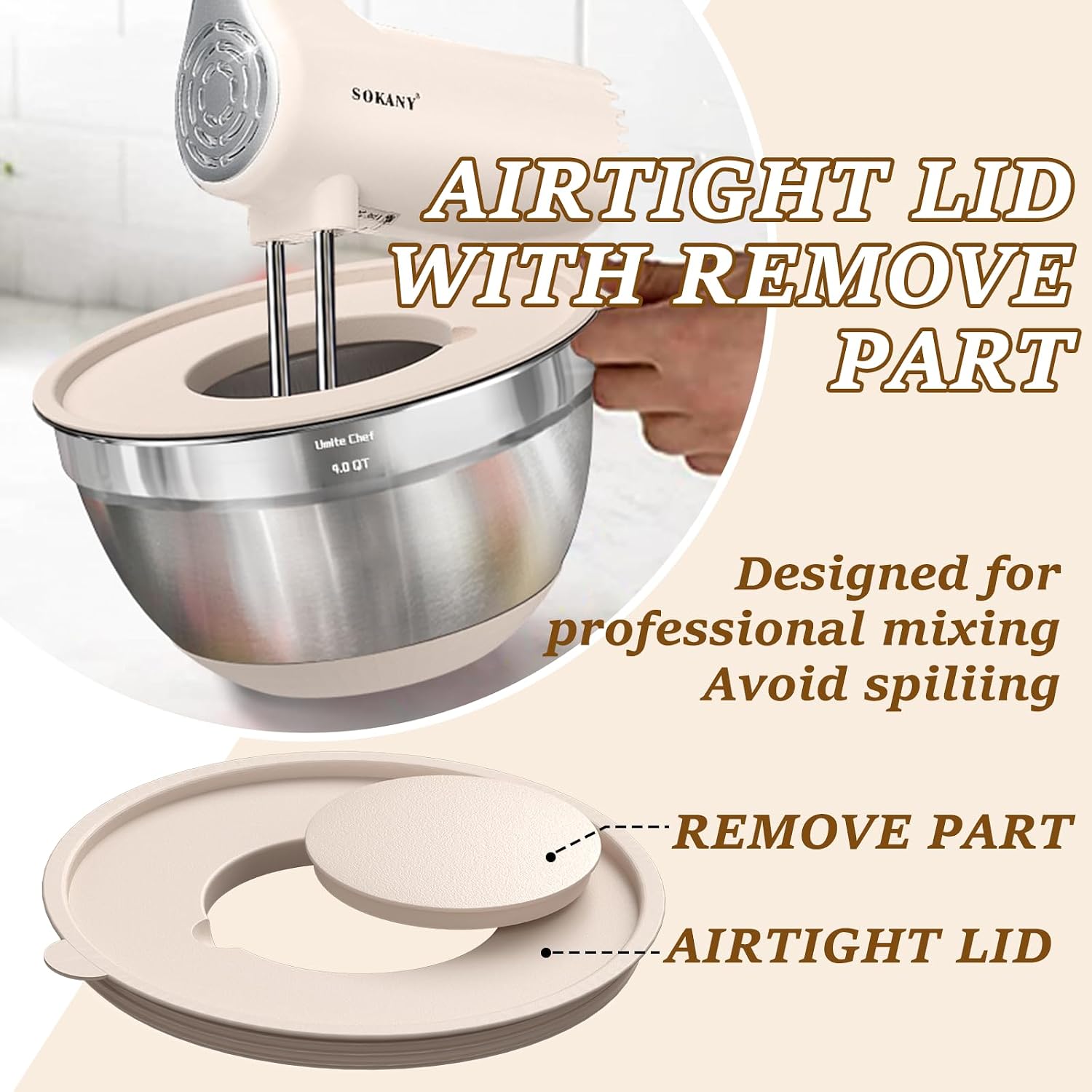 Umite Chef Mixing Bowls with Airtight Lids Set  8PCS Stainless Steel Khaki Nesting Bowls with Grater Attachments  Kitchen Bowls with Non-Slip Bottoms  Size 5  4  3.5  2  1.5QT for Mixing & Serving