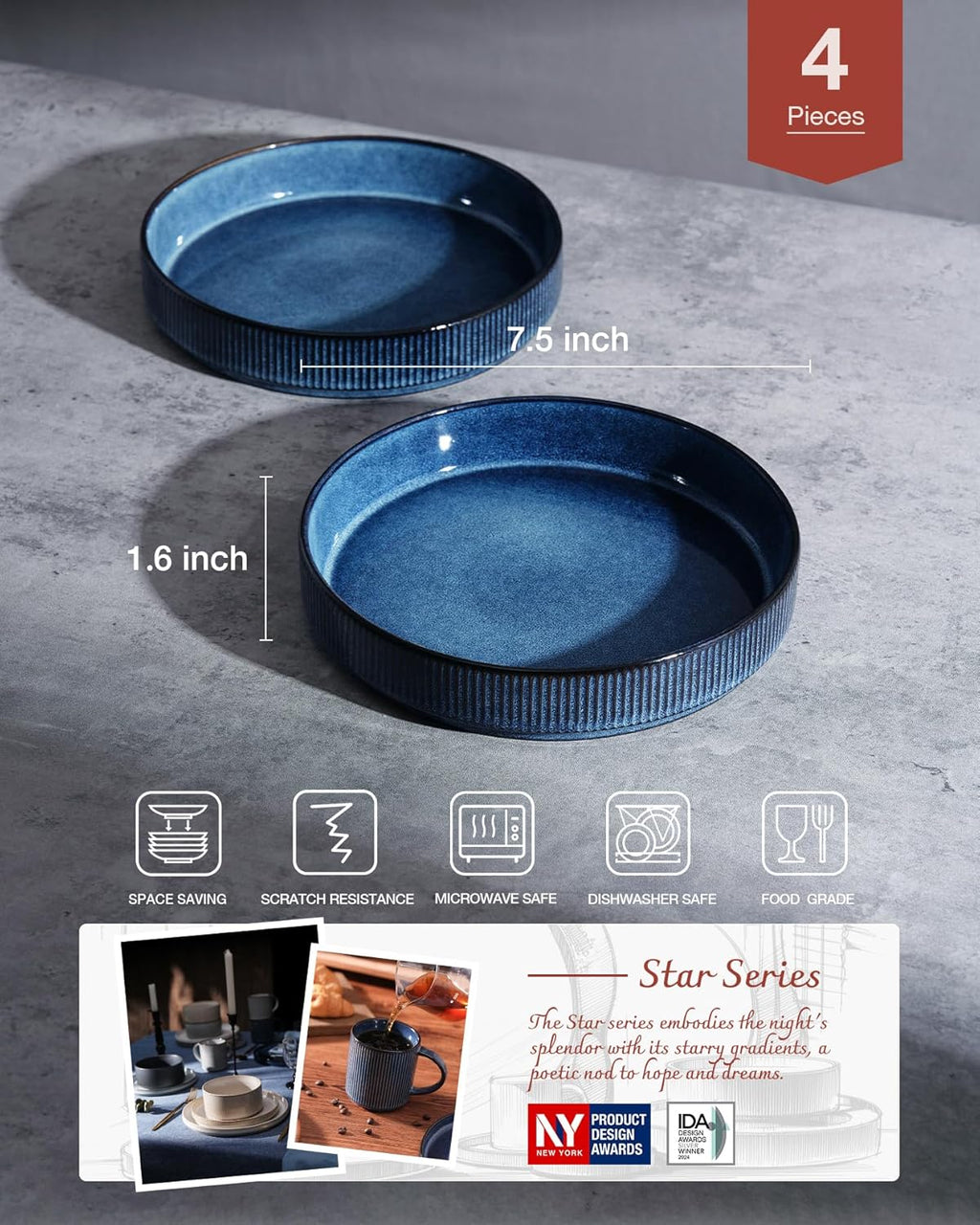 famiware Star 7.5" Pasta Bowls Set  Salad Bowl Set of 4  Double Reactive Glaze  Stackable  Ideal for Your Friend for Housewarming  Festivals  Nebulas Blue