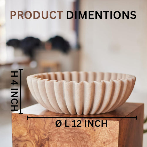 12" Extra Large Decorative Bowl – Decorative Fruit Bowl for Kitchen Counter  Modern Handmade Bowls for Home Decor  Ruffle Decor  Stylish Key Bowl for Entryway Table  Beige Artificial Stone