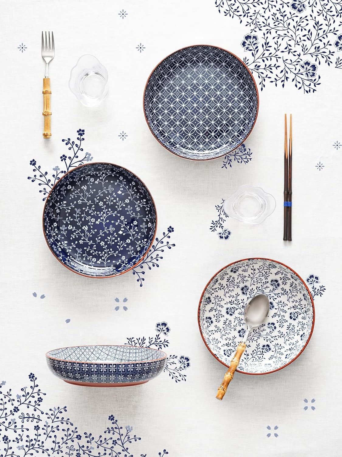 LE TAUCI Pasta Bowl 32 oz  Ceramic Salad Bowl  Japanese-Style Plate Bowls for Serving Pasta  Fruits  Salad  Noodle  Dinner  Soup  Mircrowave Oven Dishwasher Safe - 8.2 Inch  Set of 4  Vintage Blue