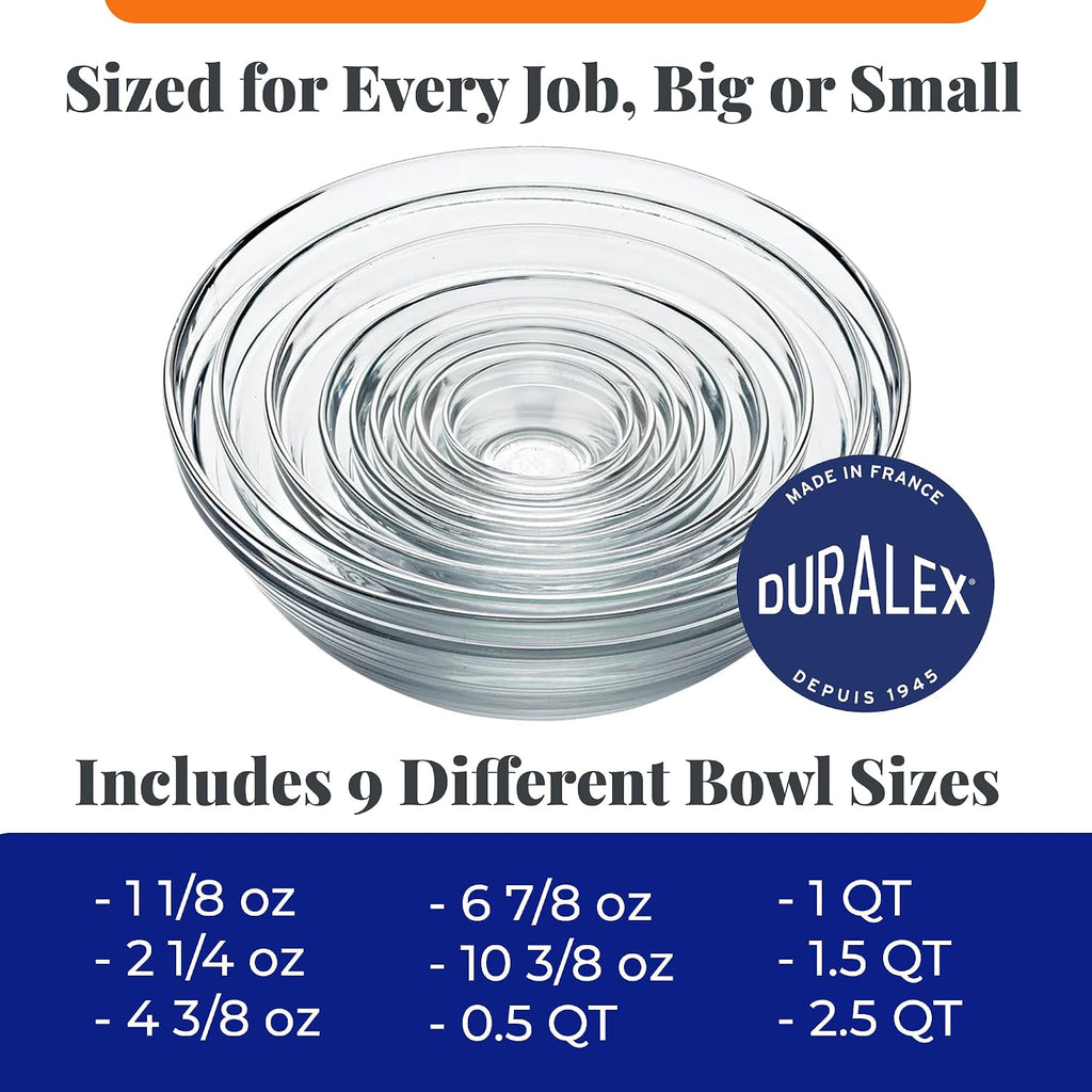 Duralex Le Gigogne Glass Mixing Bowl Set – 9-Piece Clear Stackable Prep Bowls Made of Durable Glass