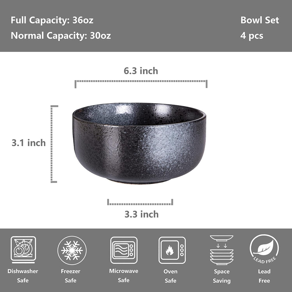 S&Q'S CERAMICS Soup Bowls - 36 Ounce Ceramic Bowl Set  Kitchen Bowls for Large Cereal  Noodle  Soup  Breakfast  Microwave and Dishwasher Safe  [Set of 4]  Black and Grey