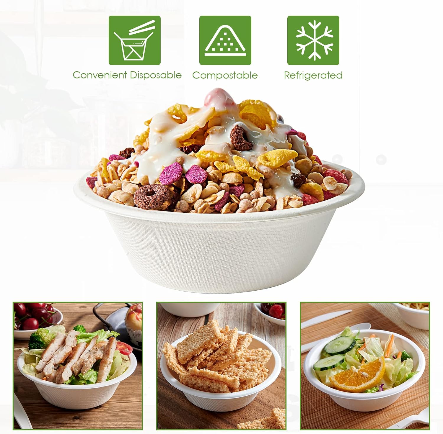 Vplus 200 Pack 12 OZ Paper Bowls  Disposable Compostable Bowls Bulk  Eco-friendly Bagasse Bowls  Heavy-duty Bowls Perfect for Milk Cereals  Snacks  Salads