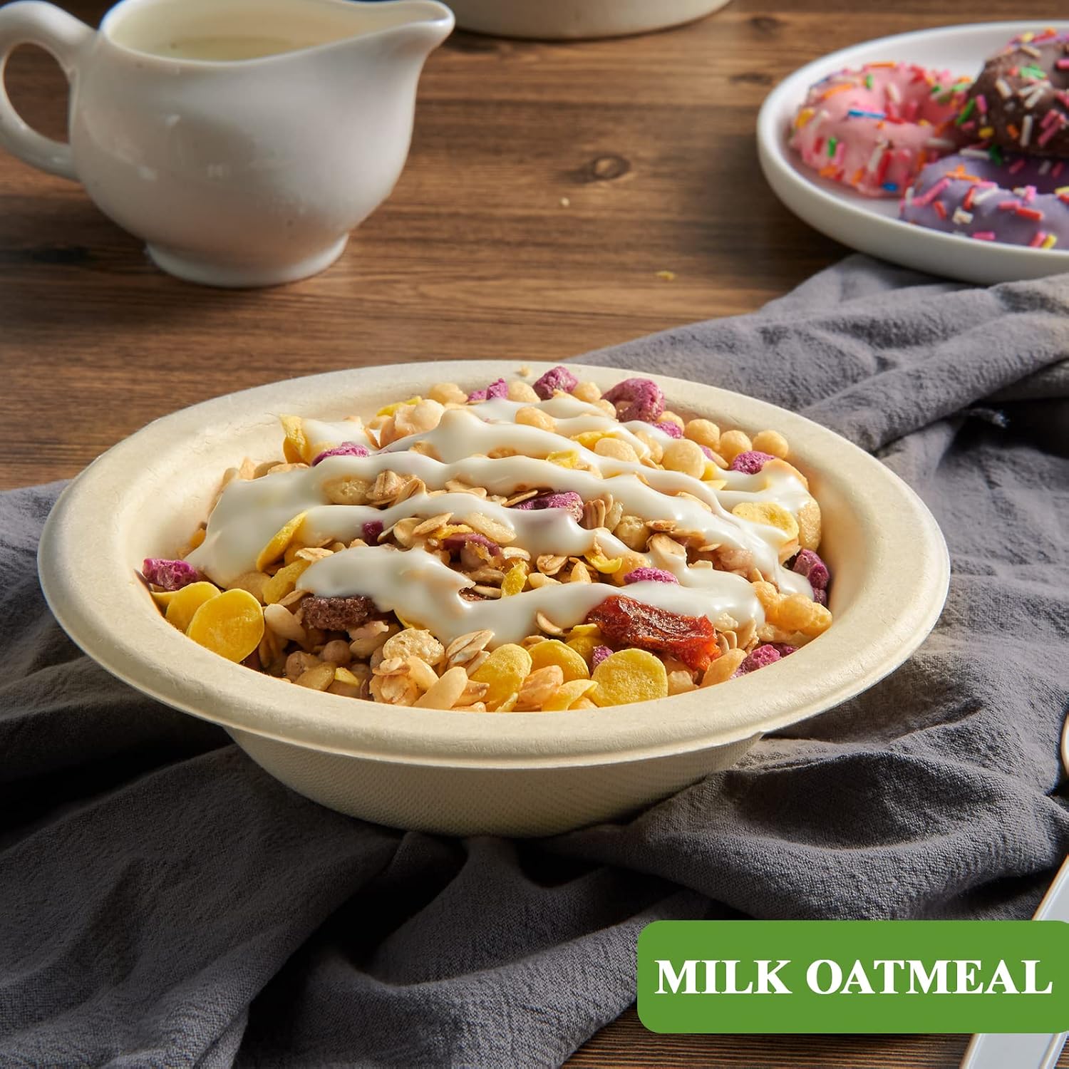 Vplus 500 Pack 12 OZ Paper Bowls Bulk  Disposable Compostable  Eco-friendly Bagasse  Heavy-duty Bowls Perfect for Milk Cereals  Snacks  Salads Nature