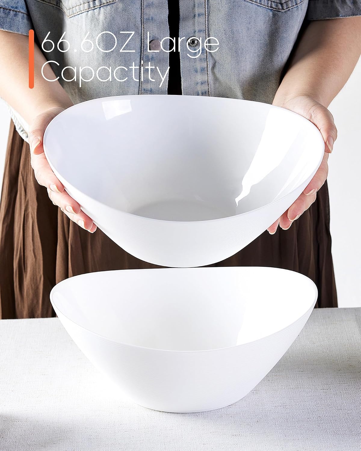 66 OZ Salad Bowl Set of 2  Opal Glass 10 inch Lightweight Serving Dishes for Salad  Fruit  Kitchen Microwave & Dishwasher Safe  Oval Shape White
