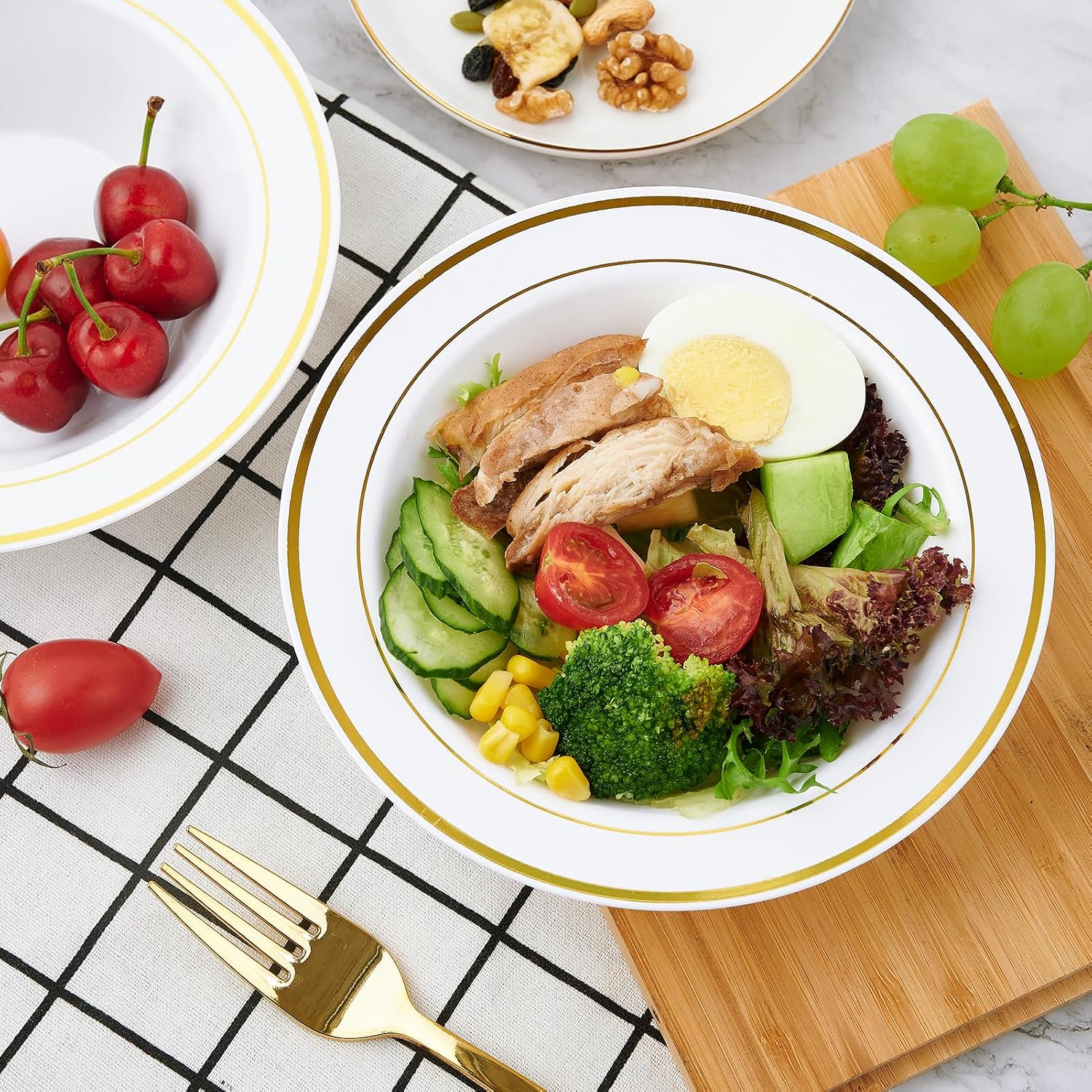 JOLLY PARTY 50PCS Plastic Bowls with Gold Rim-12oz disposable Soup Bowls  Christmas Thanksgiving Premium Dessert Salad Bowl for Wedding/Party