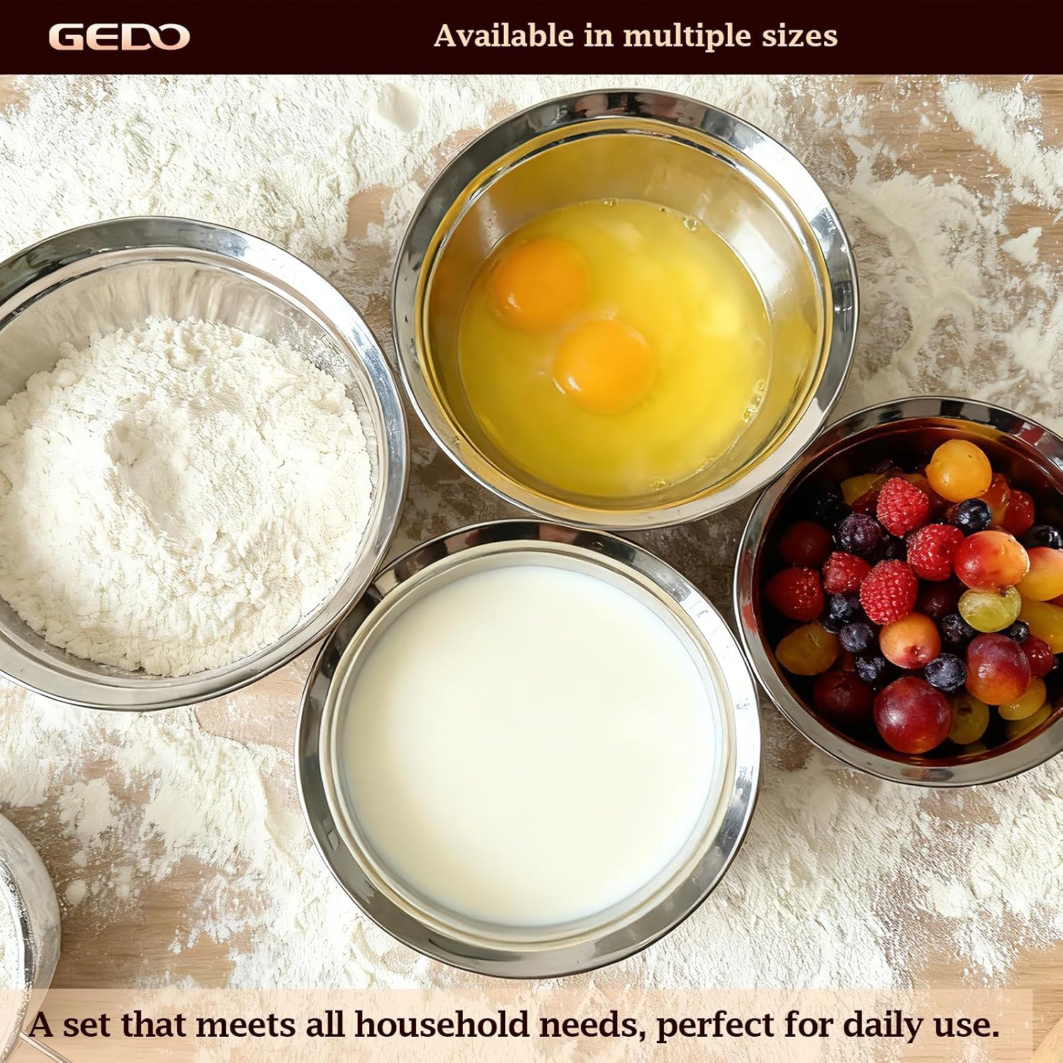 GEDO Stainless Steel 3 Pieces Mixing Bowls Set  316L Grade  Silver  Nesting Design  Professional Kitchen Bowls