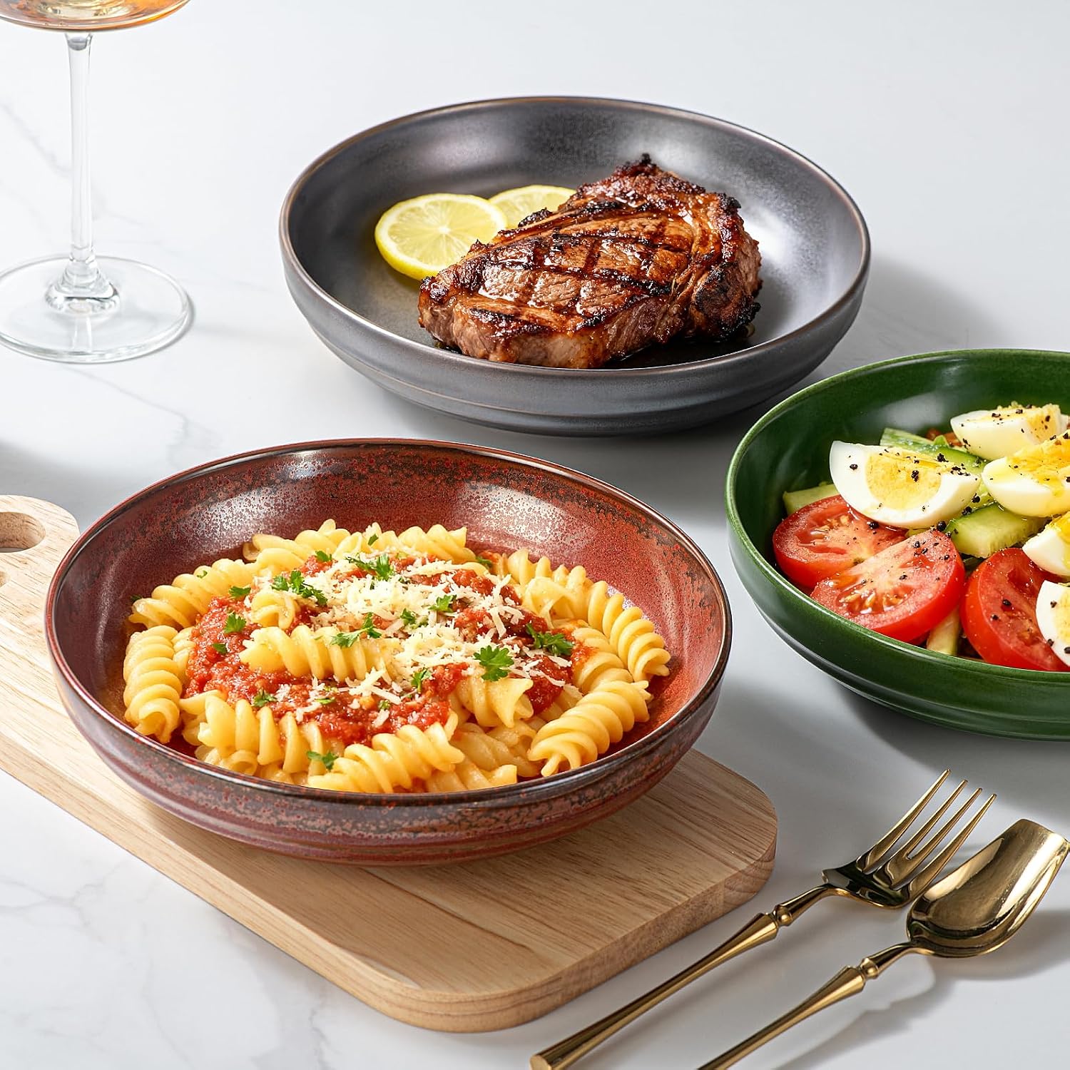 HAPPY KIT Stoneware Pasta Bowls 9''  Set of 4  42 Oz  Reactive Glaze Large Salad Bowls  Ceramic Serving Bowls for Fruit Soup Noodle  Dinner  Scratch Resistant  Bronze Gray