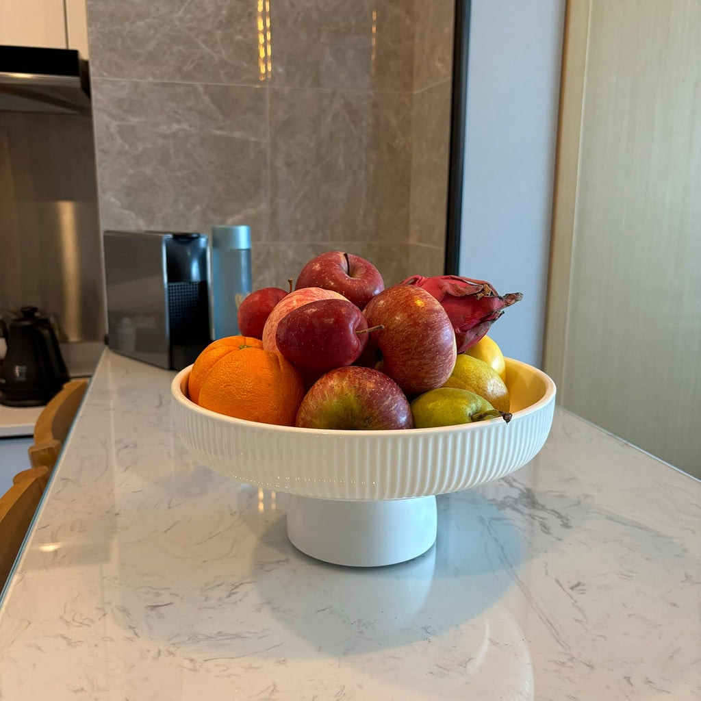 Ceramic Fruit Bowl 11" Decorative Bowl  Large Fruit Bowl for Kitchen Counter  Pedestal Bowl  Kitchen Counter Décor  Bread Candy Snacks Organizer  White (5.3 lbs  68oz)