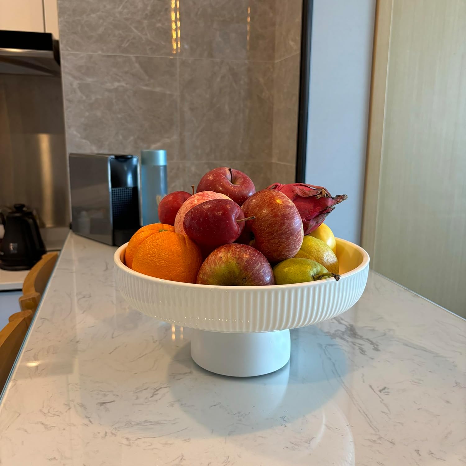Ceramic Fruit Bowl 11" Decorative Bowl  Large Fruit Bowl for Kitchen Counter  Pedestal Bowl  Kitchen Counter Décor  Bread Candy Snacks Organizer  White (5.3 lbs  68oz)