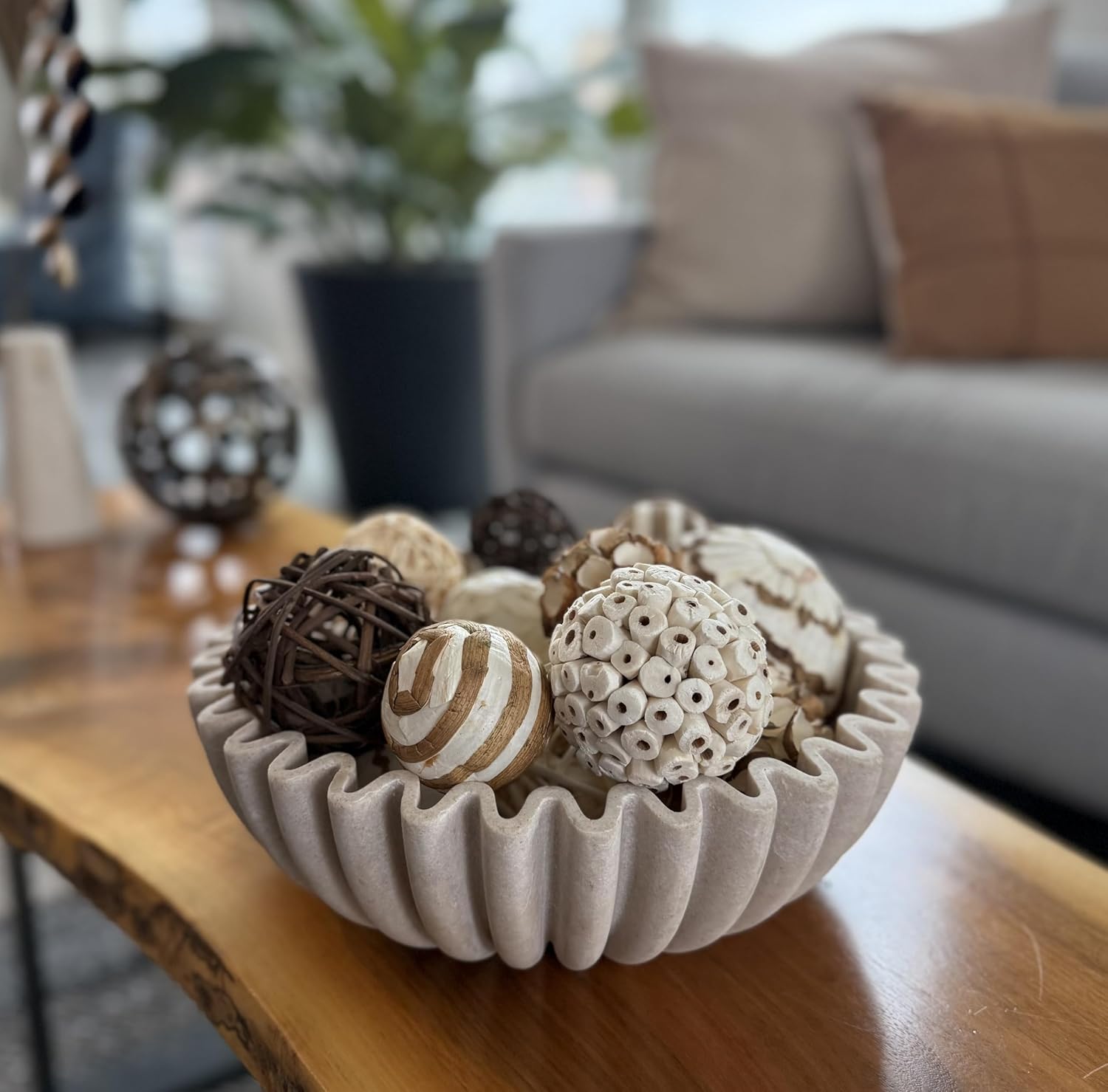 12" Extra Large Decorative Bowl – Decorative Fruit Bowl for Kitchen Counter  Modern Handmade Bowls for Home Decor  Ruffle Decor  Stylish Key Bowl for Entryway Table  Beige Artificial Stone