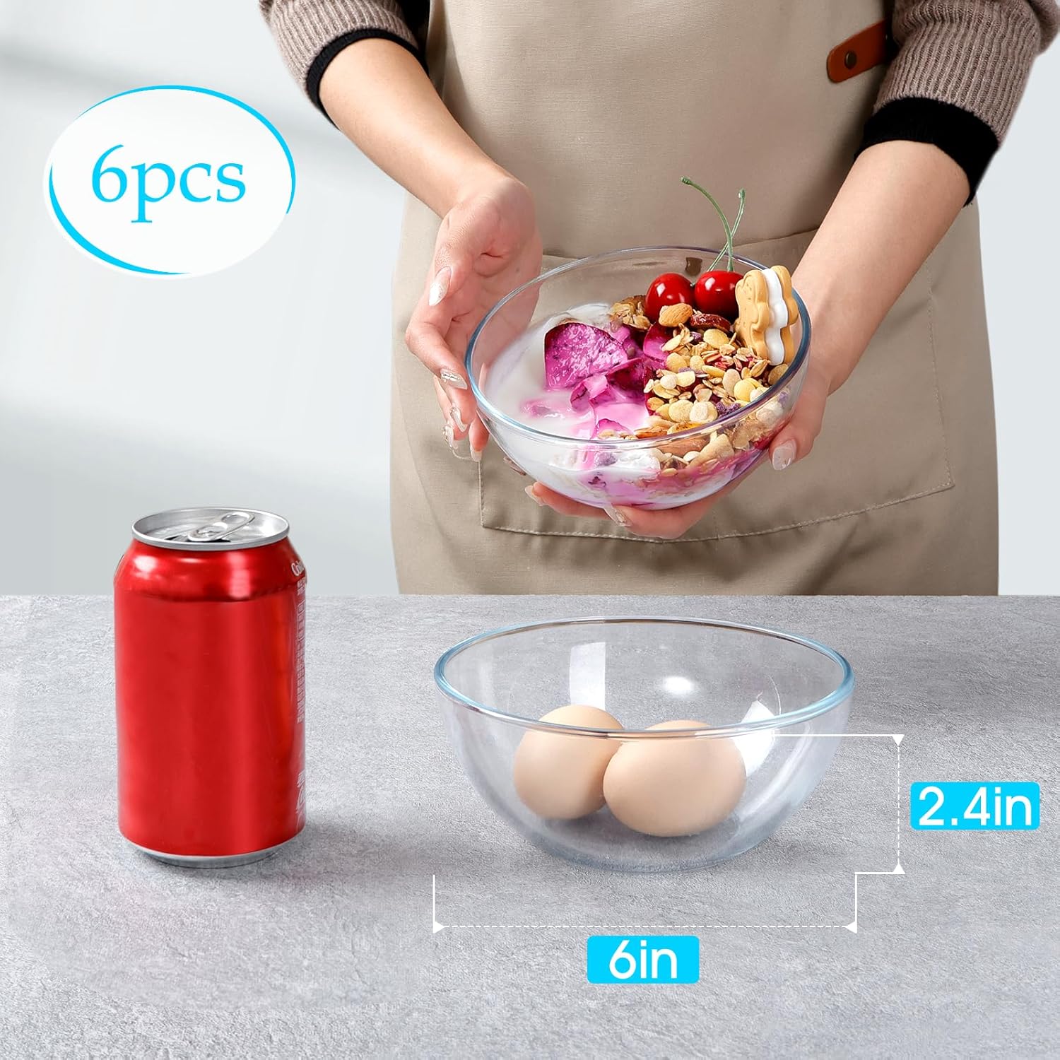 NUTRIUPS Small Glass Bowls Set of 6  Glass Dessert Bowl Set  Clear Tempered Glass Sauce Bowls for Kitchen Microwave and Oven Safe (6 inch  Set of 6)