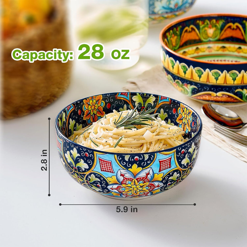 Ceramic Cereal Bowls Set of 6  28 oz Bohemian Soup Bowl  Colorful Bowls Set for Kitchen  Dessert Bowls for Salad  Pasta  Oatmeal  Ramen  Oatmeal  Fruit  Dishwasher & Microwave Safe