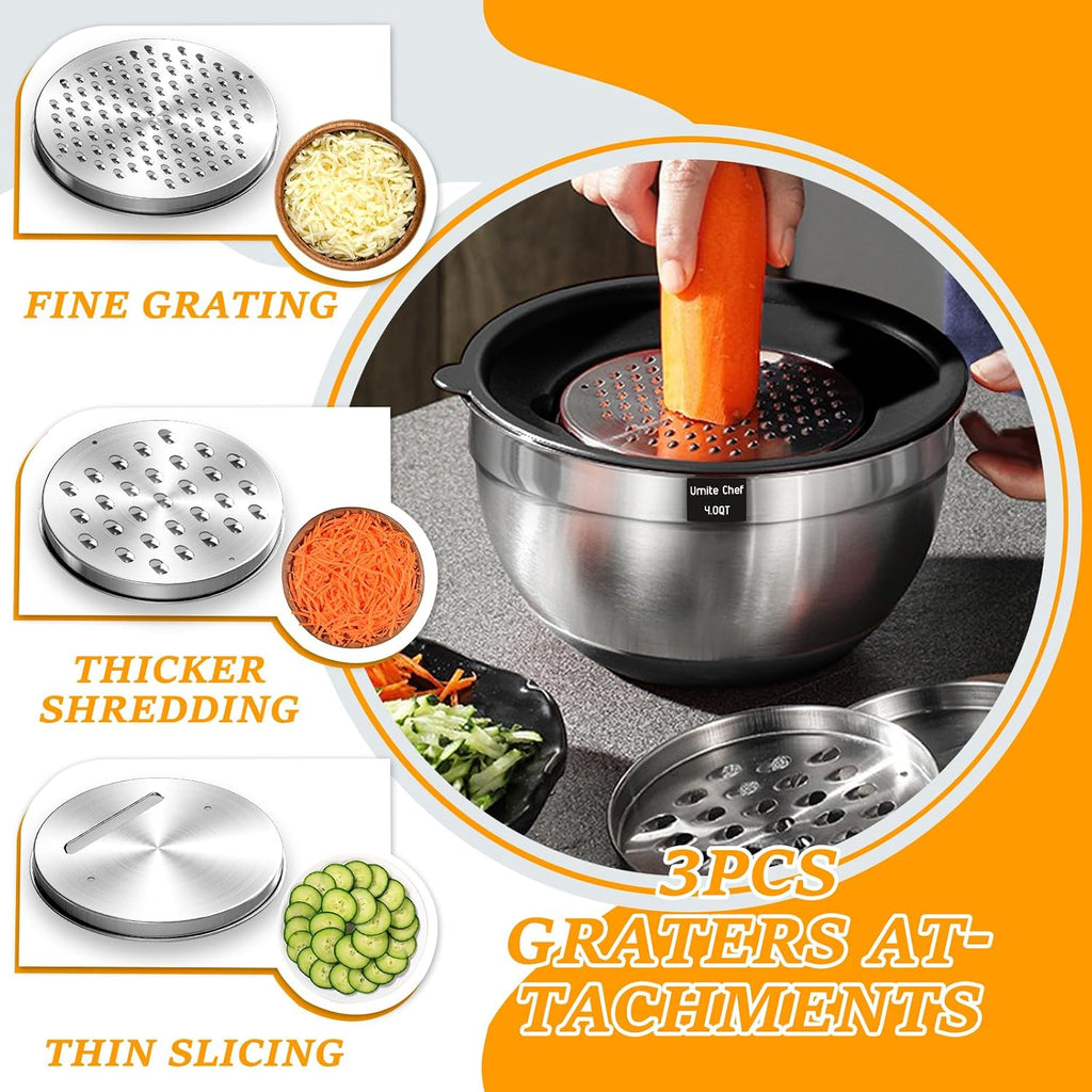 Umite Chef Mixing Bowls with Airtight Lids  26Pcs Stainless Steel Bowls Set  3 Grater Attachments & Black Non-Slip Bottoms Size 7  4  2.5  2.0 1.5  1QT  Great for Mixing & Serving