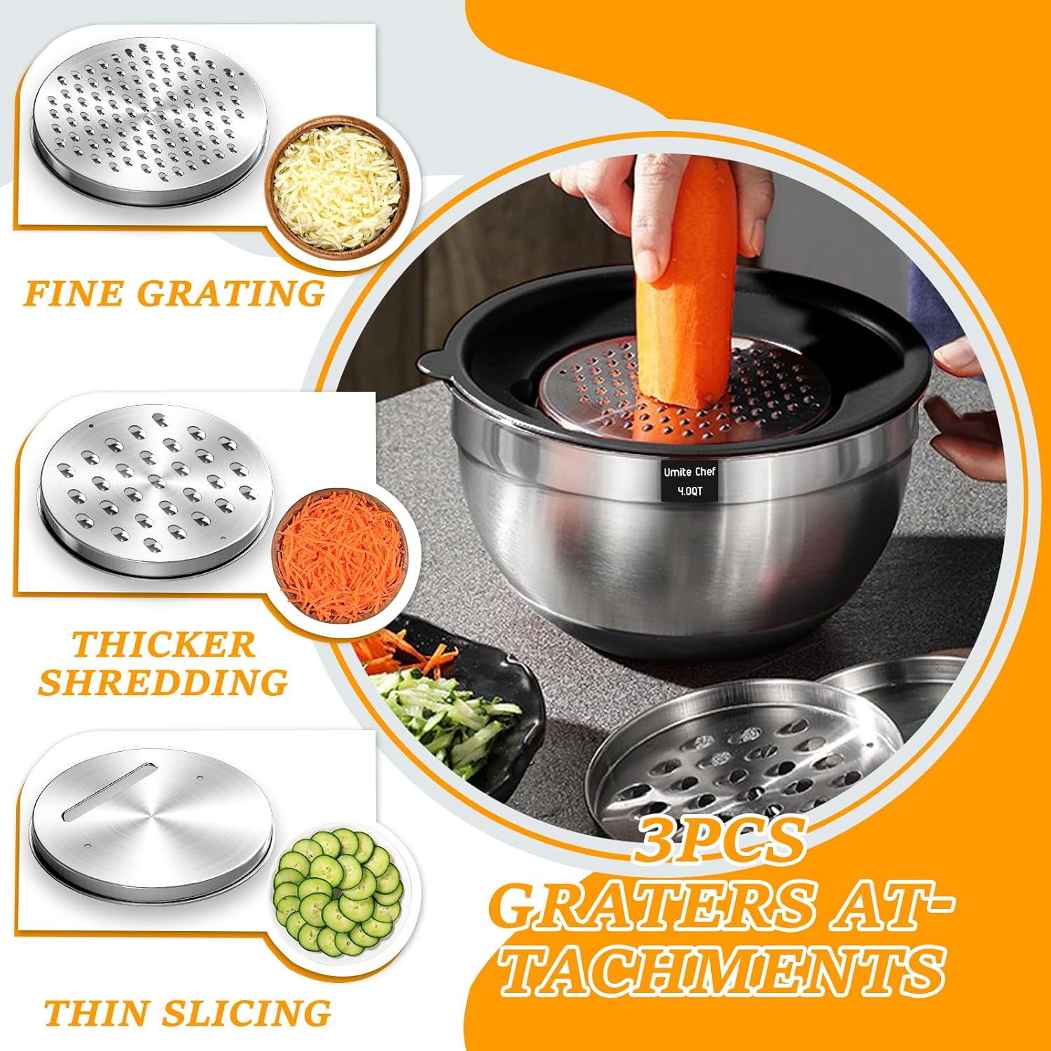 Umite Chef Mixing Bowls with Airtight Lids  26Pcs Stainless Steel Bowls Set  3 Grater Attachments & Black Non-Slip Bottoms Size 7  4  2.5  2.0 1.5  1QT  Great for Mixing & Serving