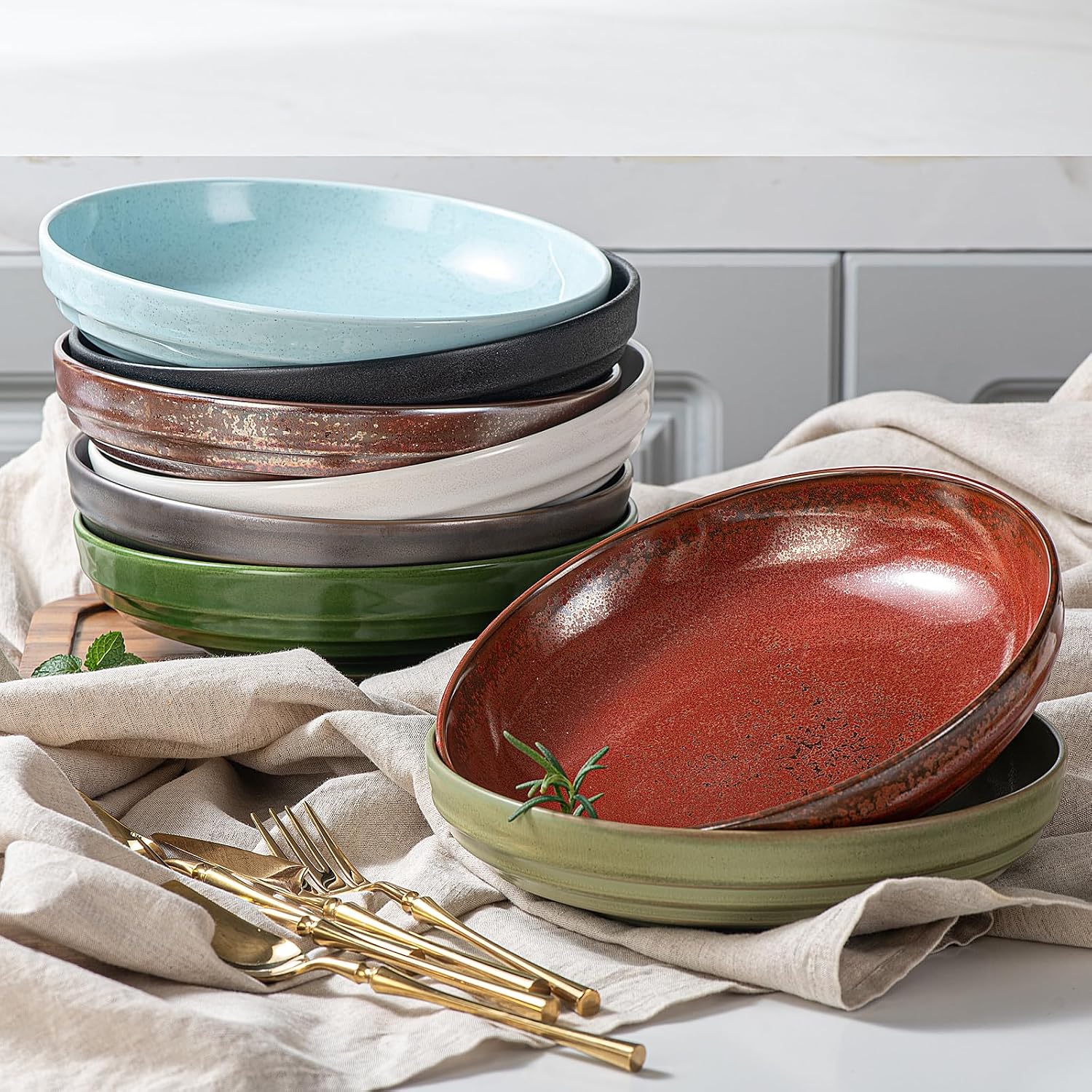 HAPPY KIT Stoneware Pasta Bowls 9''  Set of 4  42 Oz  Reactive Glaze Large Salad Bowls  Ceramic Serving Bowls for Fruit Soup Noodle  Dinner  Scratch Resistant  Bronze Gray
