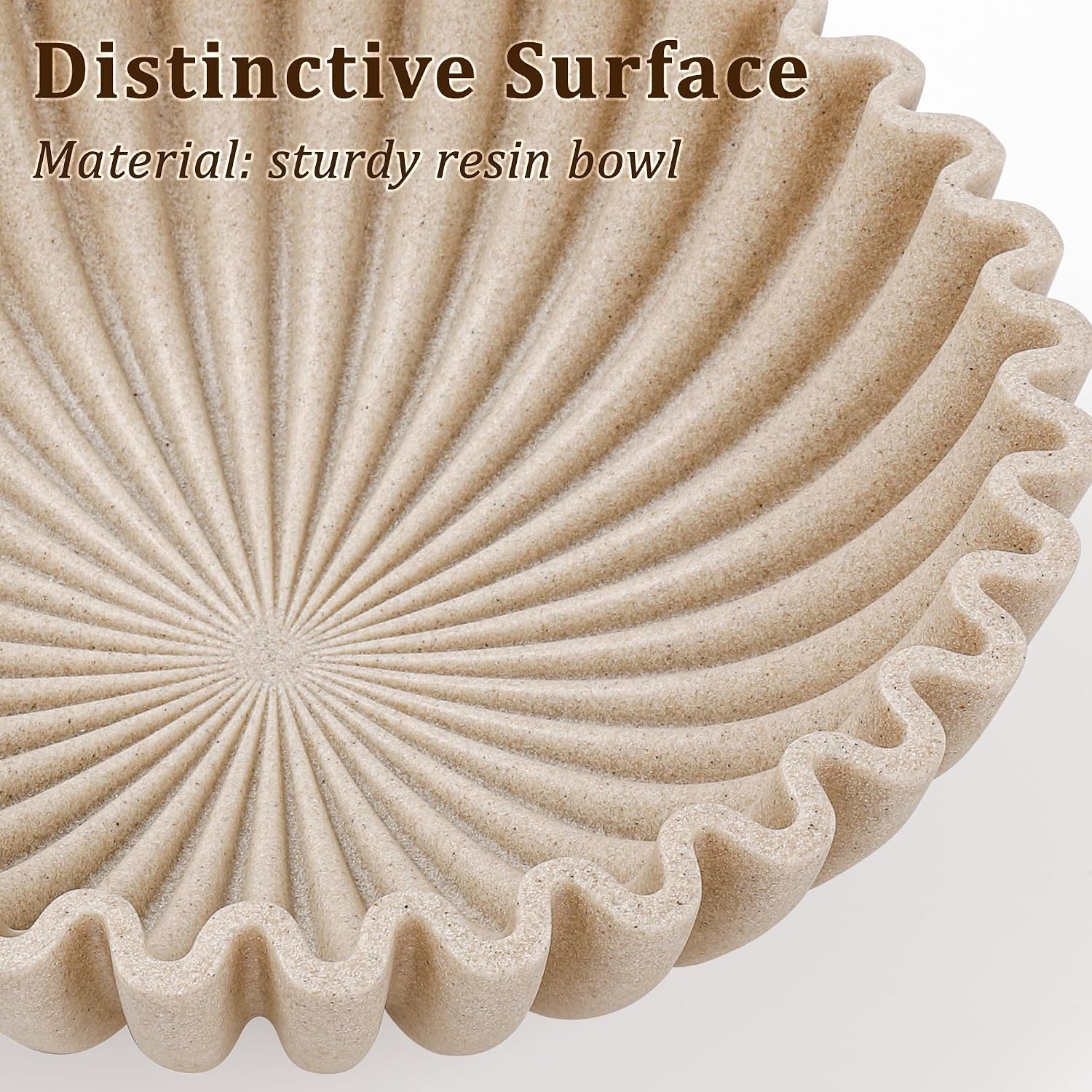 Ruffle Decorative Bowl  Large Fruit Bowl for Kitchen Counter  Stylish Key Bowl for Entry Table  Handcrafted Home Decor Display bowl  Artificial Stone Beige