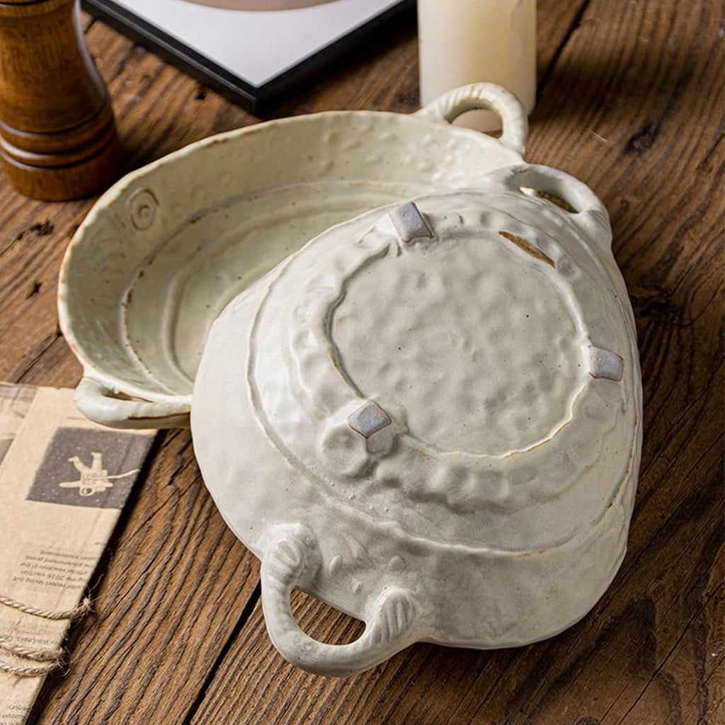 Free-Form Edge Small Ceramic Bowl with Handles  Retro Distressed Style Glazed for Fruit Bowl Salad Bowl Table Centerpiece Decor