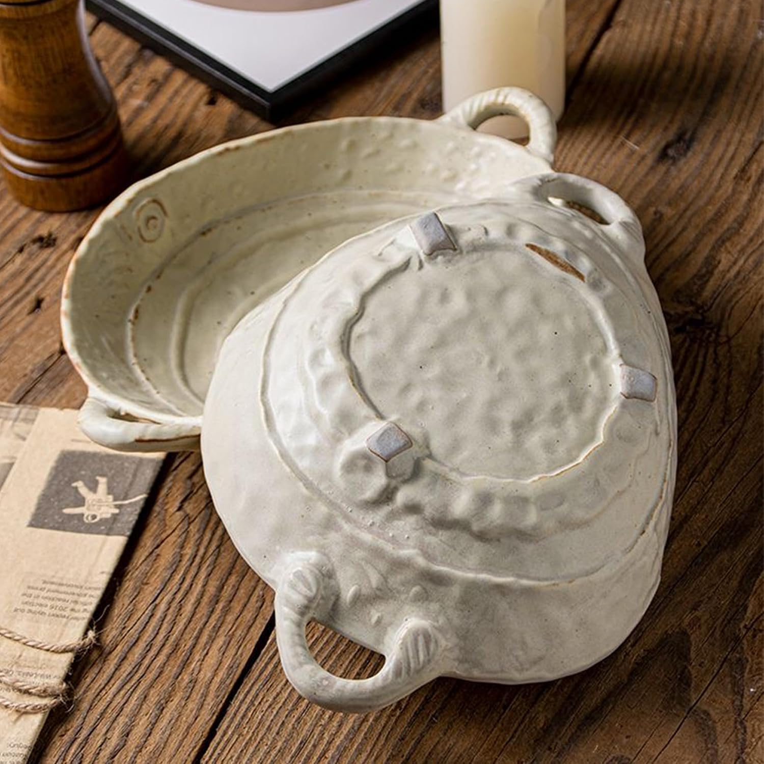 Free-Form Edge Small Ceramic Bowl with Handles  Retro Distressed Style Glazed for Fruit Bowl Salad Bowl Table Centerpiece Decor