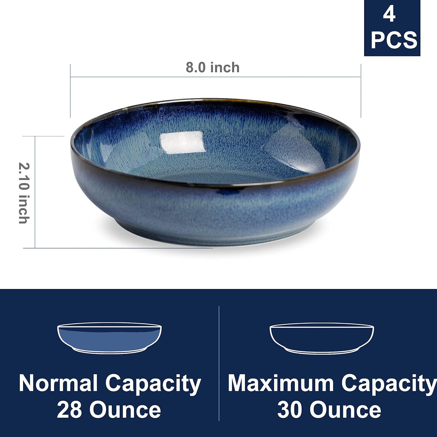 30oz Ceramic bowls set of 4-8" serving bowls for Kitchen Pasta Salad-Dishwasher & Microwave Safe Perfect for Housewarming  Thanksgiving  Christmas-Royal Blue