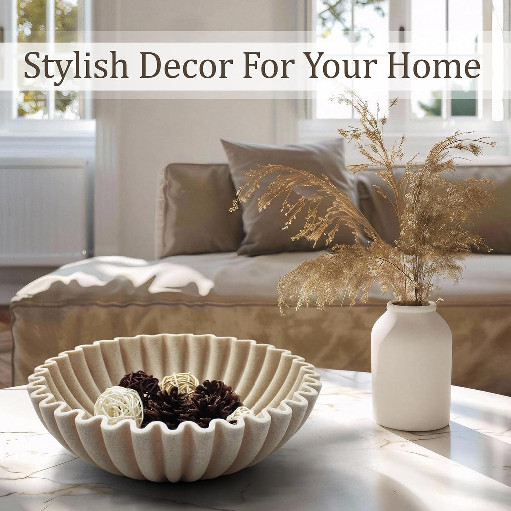 Ruffle Decorative Bowl  Large Fruit Bowl for Kitchen Counter  Stylish Key Bowl for Entry Table  Handcrafted Home Decor Display bowl  Artificial Stone Beige