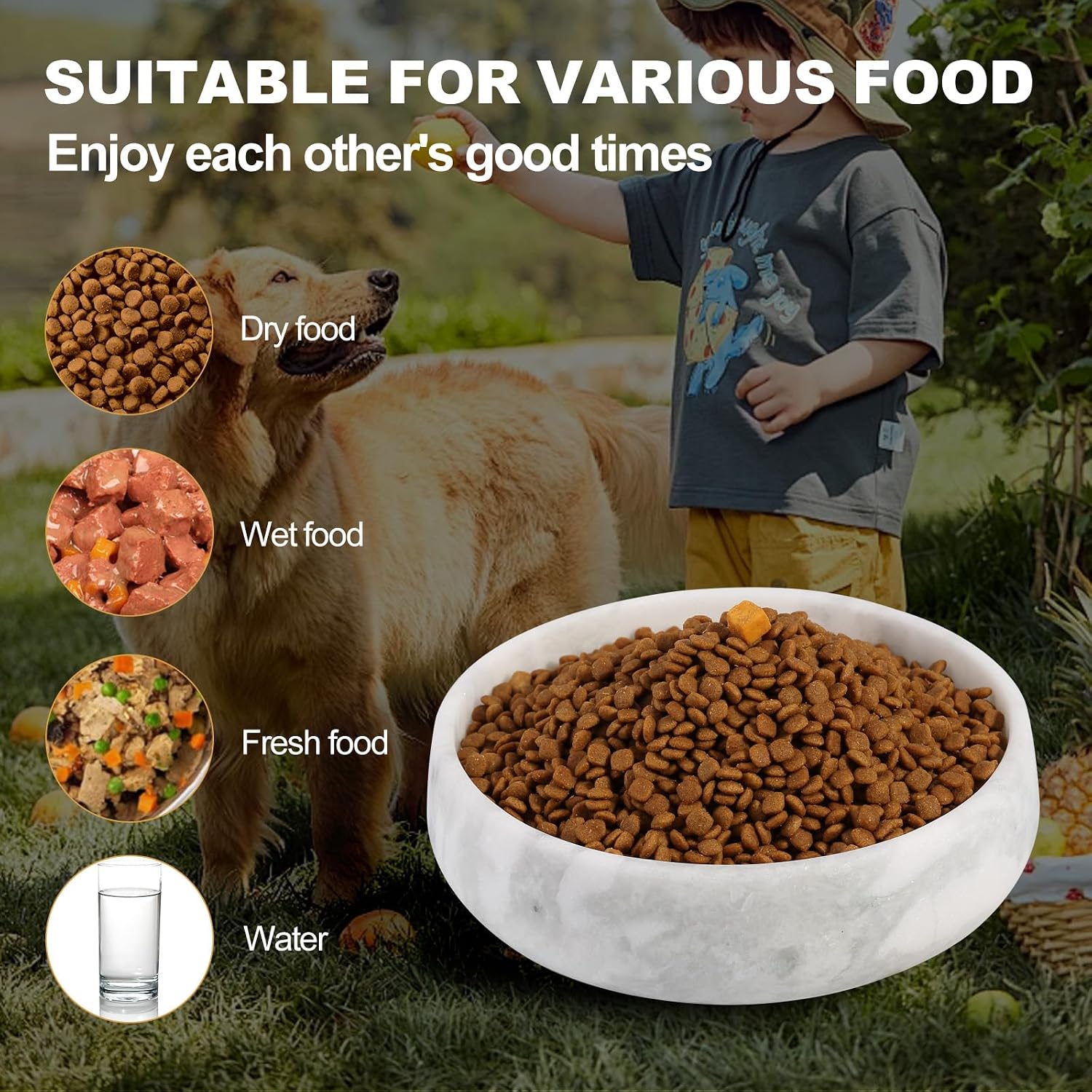 White Marble Dog Bowls  Non-Slip Dog Food Water Bowl Small  Heavy Duty Pet Bowl for Cats and Medium Dogs  Weighted African Natural Marble  Holds 4 Cups(5lbs)