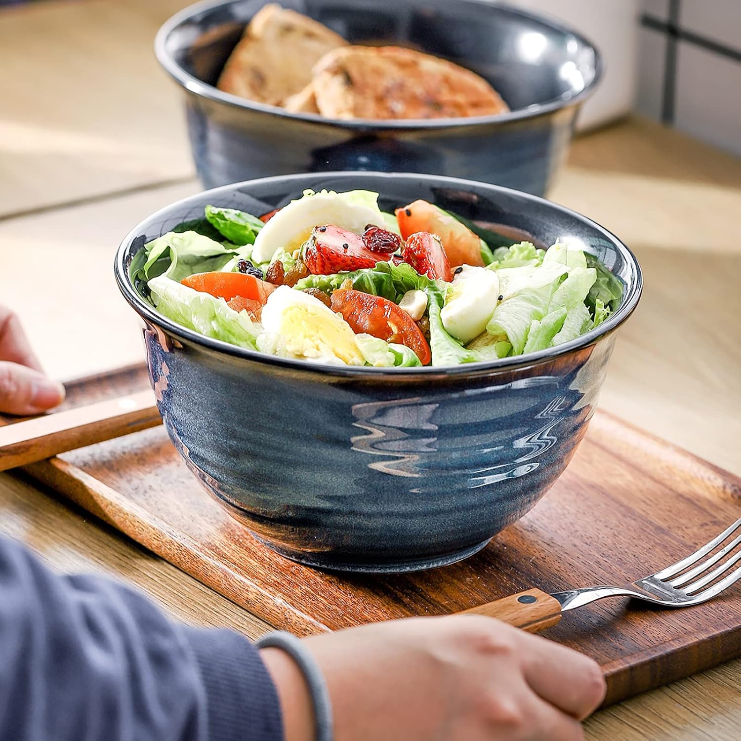 Hasense Ceramic Soup Bowls Set of 4  40 Ounce Large Cereal Bowls for Kitchen  7 Inch Serving Bowls for Salad Pasta Ramen Pho Popcorn  Dishwasher Microwave Safe  Navy Blue