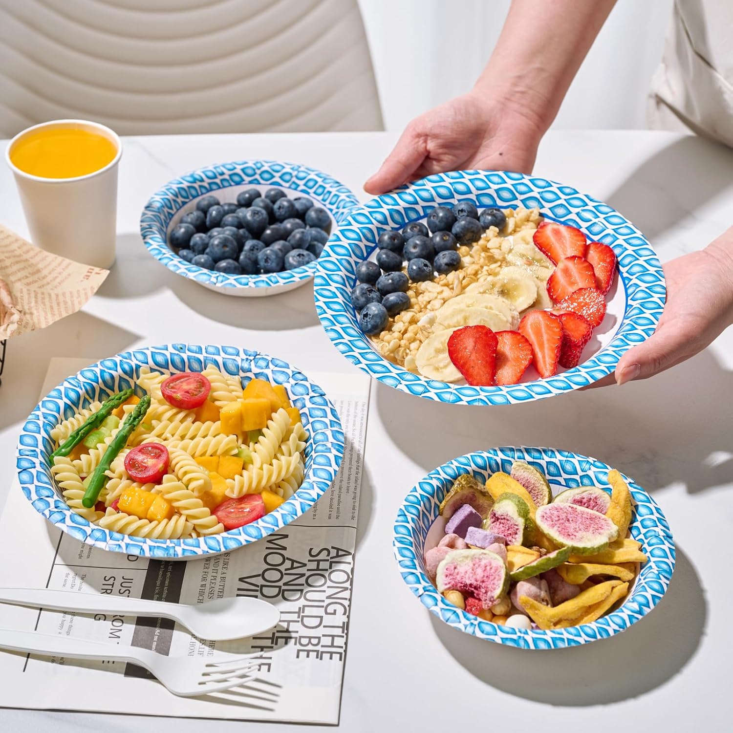 MUCHII 12 Oz Paper Bowls 200 Counts Disposable Bowls  Printed Soak Proof Small Bowls for Breakfast  Lunch  and Dinner Meals