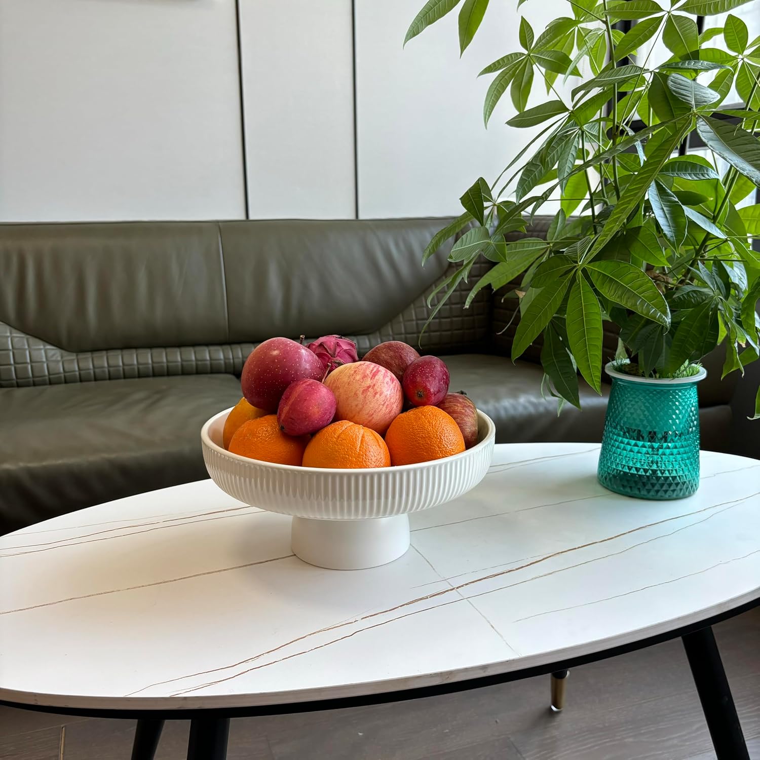 Ceramic Fruit Bowl 11" Decorative Bowl  Large Fruit Bowl for Kitchen Counter  Pedestal Bowl  Kitchen Counter Décor  Bread Candy Snacks Organizer  White (5.3 lbs  68oz)